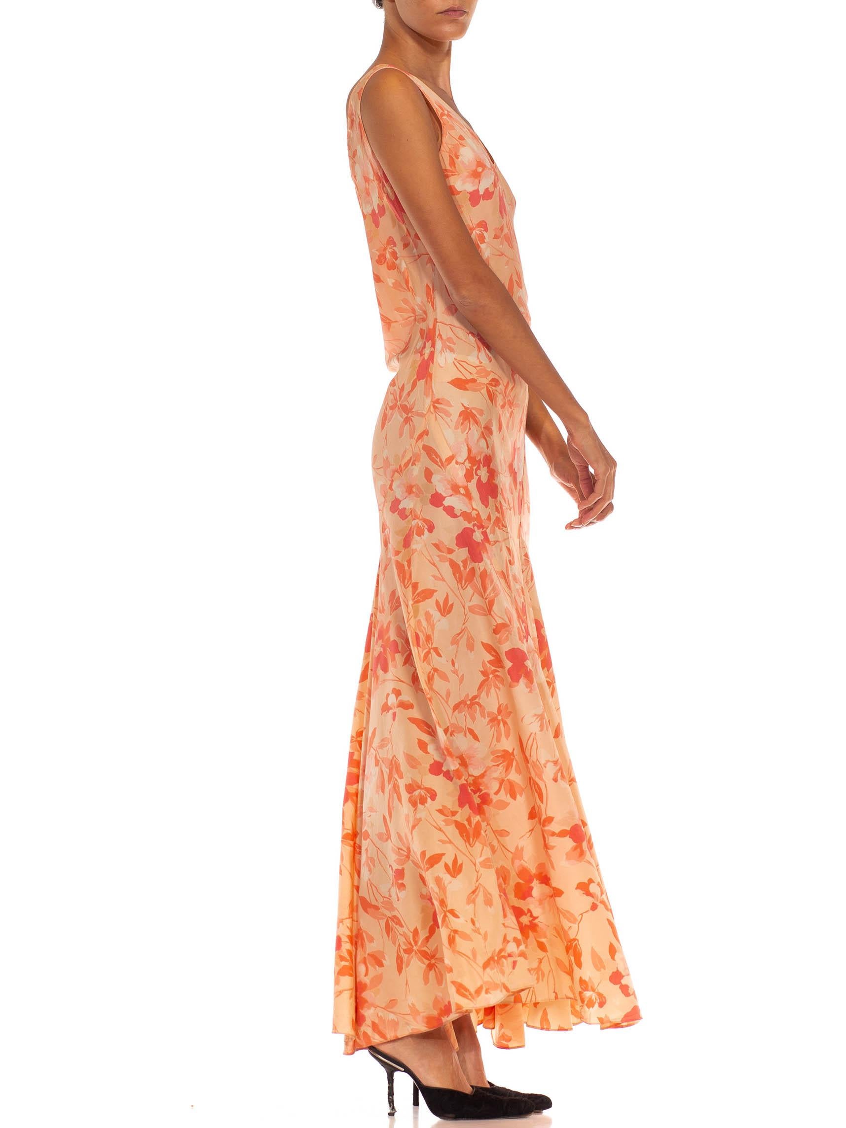 Women's 1930s Pink & Orange Floral Rayon Assymetrical Bias Cut Dress For Sale