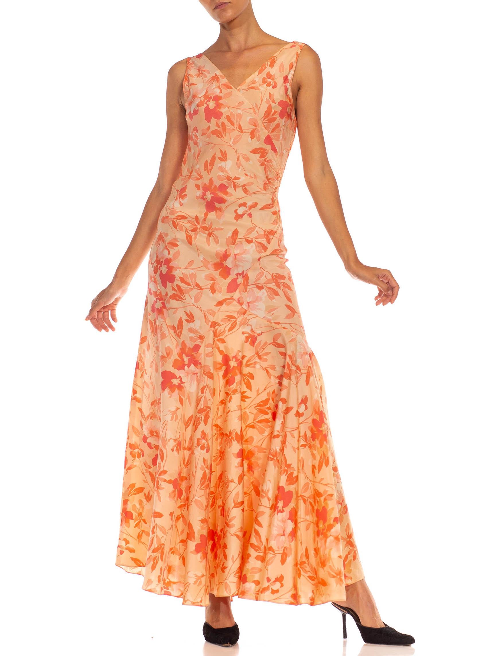 1930s Pink & Orange Floral Rayon Assymetrical Bias Cut Dress For Sale 1