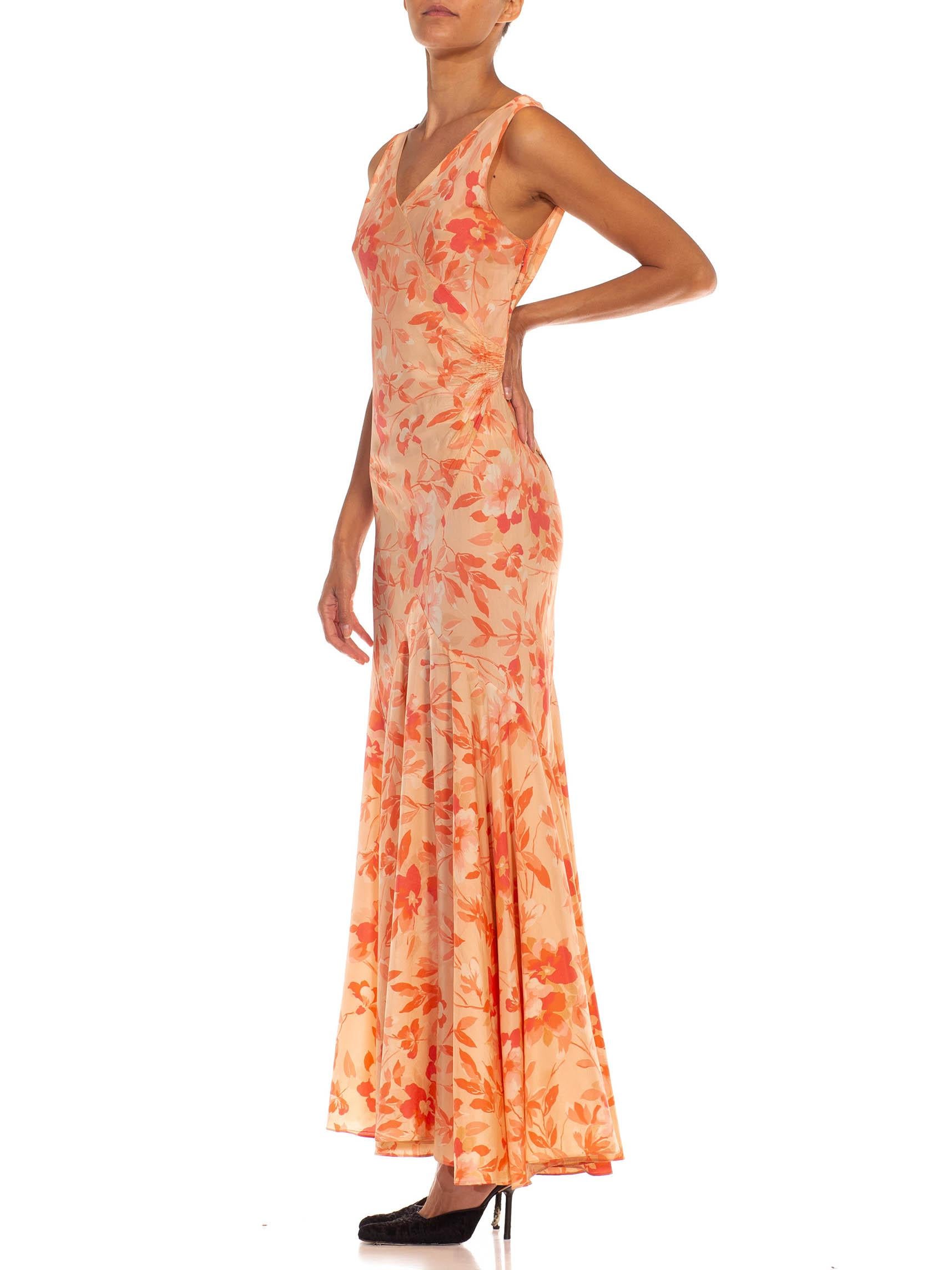 1930s Pink & Orange Floral Rayon Assymetrical Bias Cut Dress For Sale 2