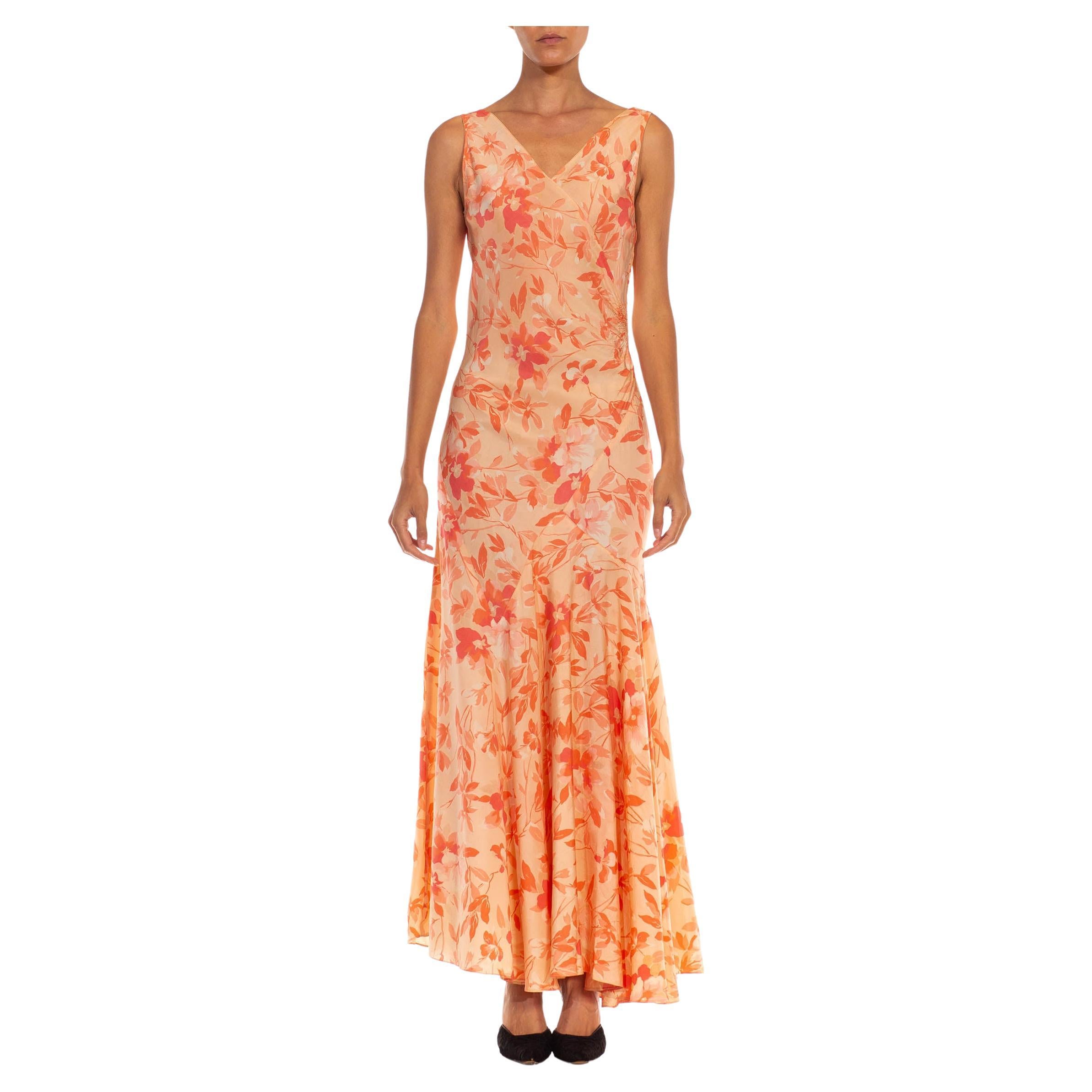 1930s Pink & Orange Floral Rayon Assymetrical Bias Cut Dress For Sale