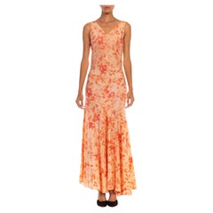 1930s Pink & Orange Floral Rayon Assymetrical Bias Cut Dress