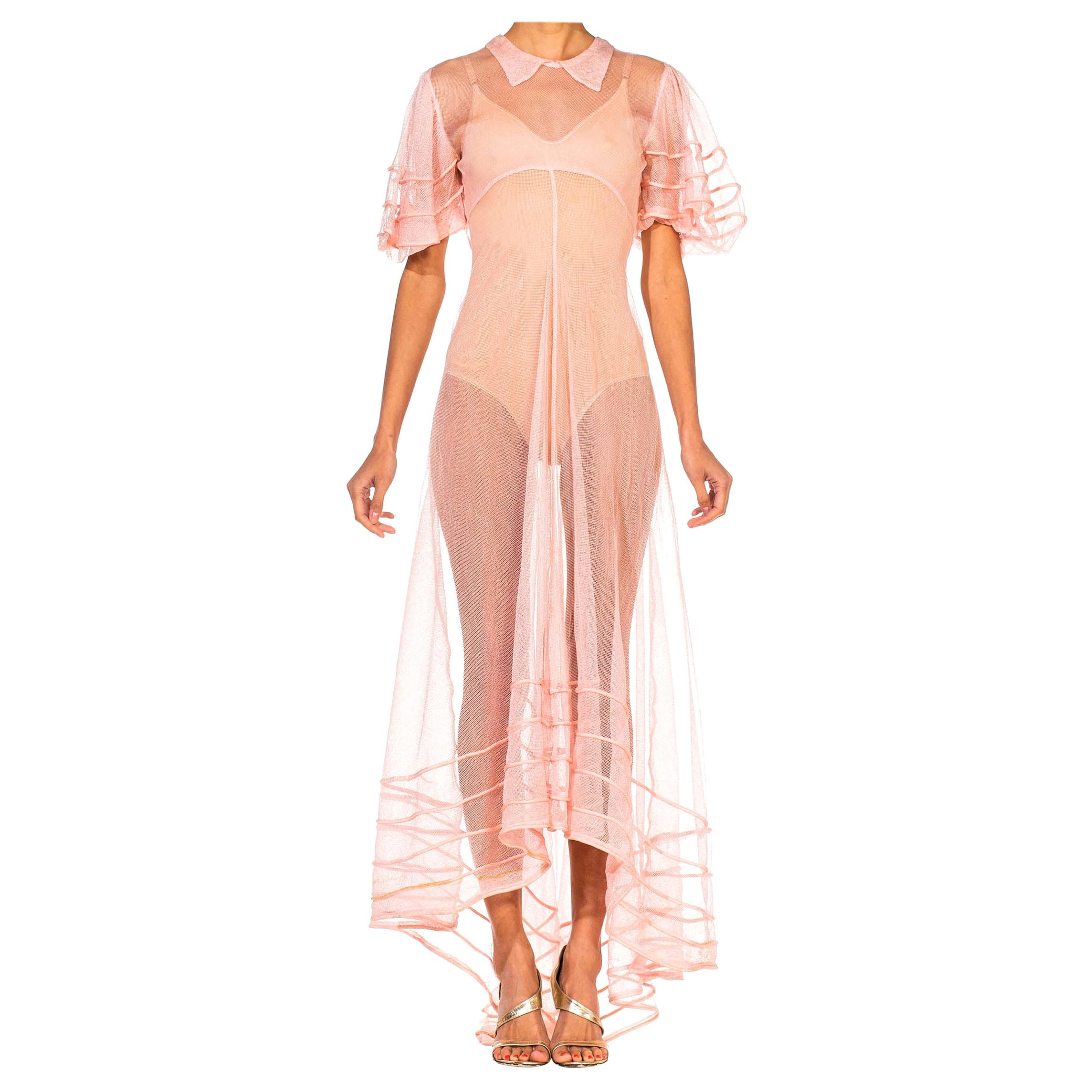 1930S Pink Sheer Rayon Net Gown With Puff Sleeves