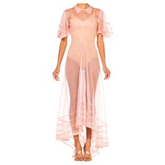 1930S Pink Sheer Rayon Net Gown With Puff Sleeves