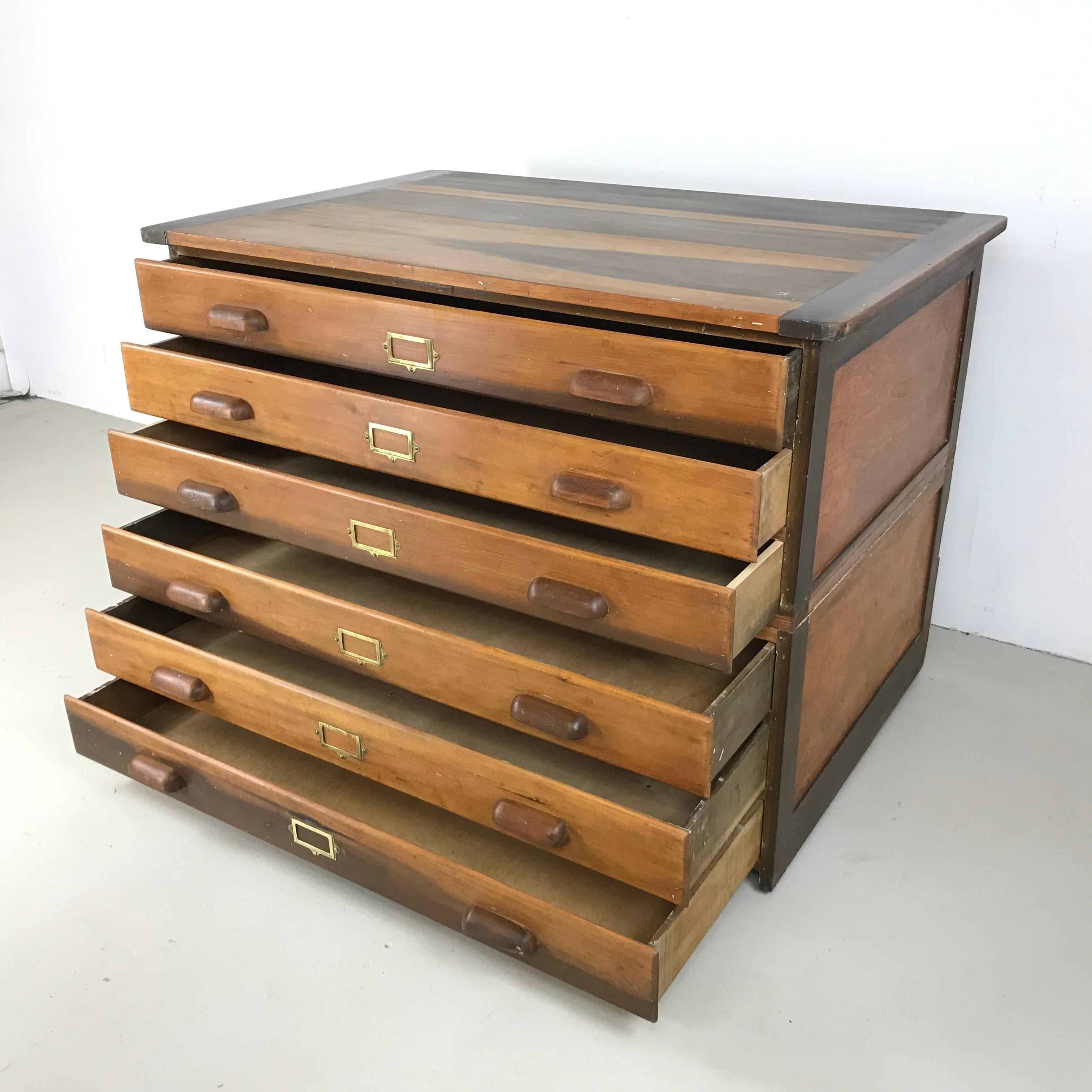 Mid-20th Century 1930s Plan Chest with Brass Cup Handles and Label Inserts