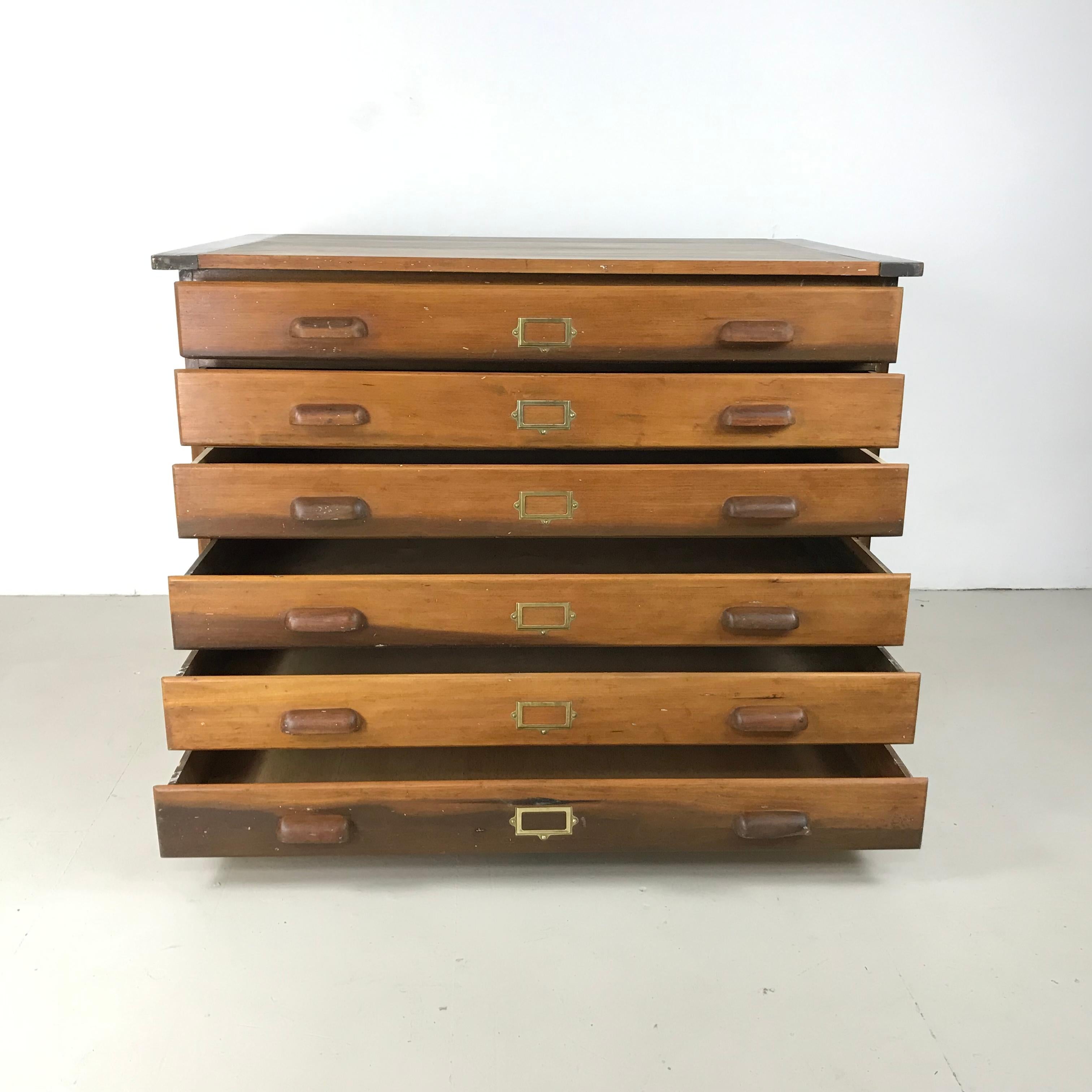 1930s Plan Chest with Brass Cup Handles and Label Inserts 1