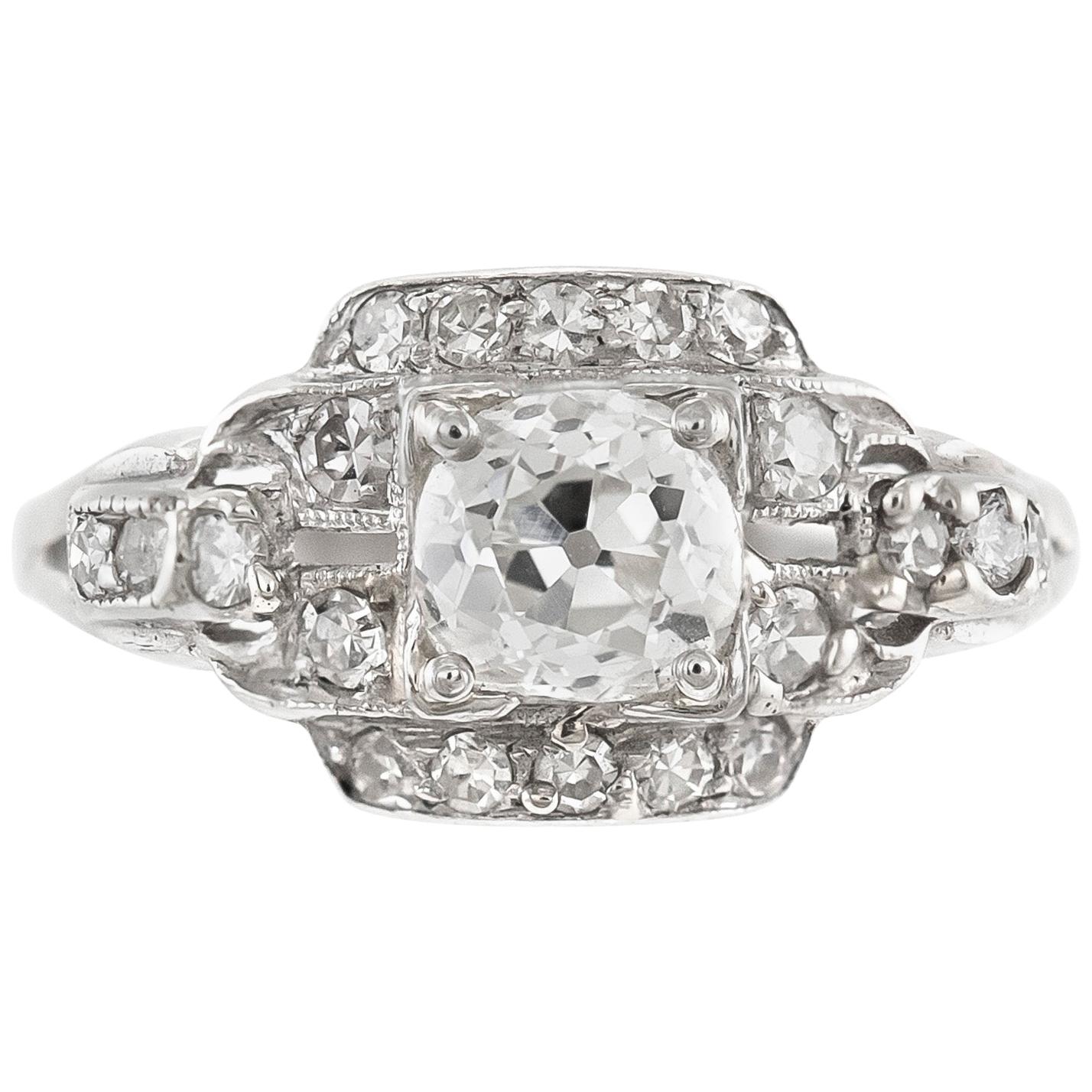 1930s Plat Engagement Ring with Center Round Diamond For Sale