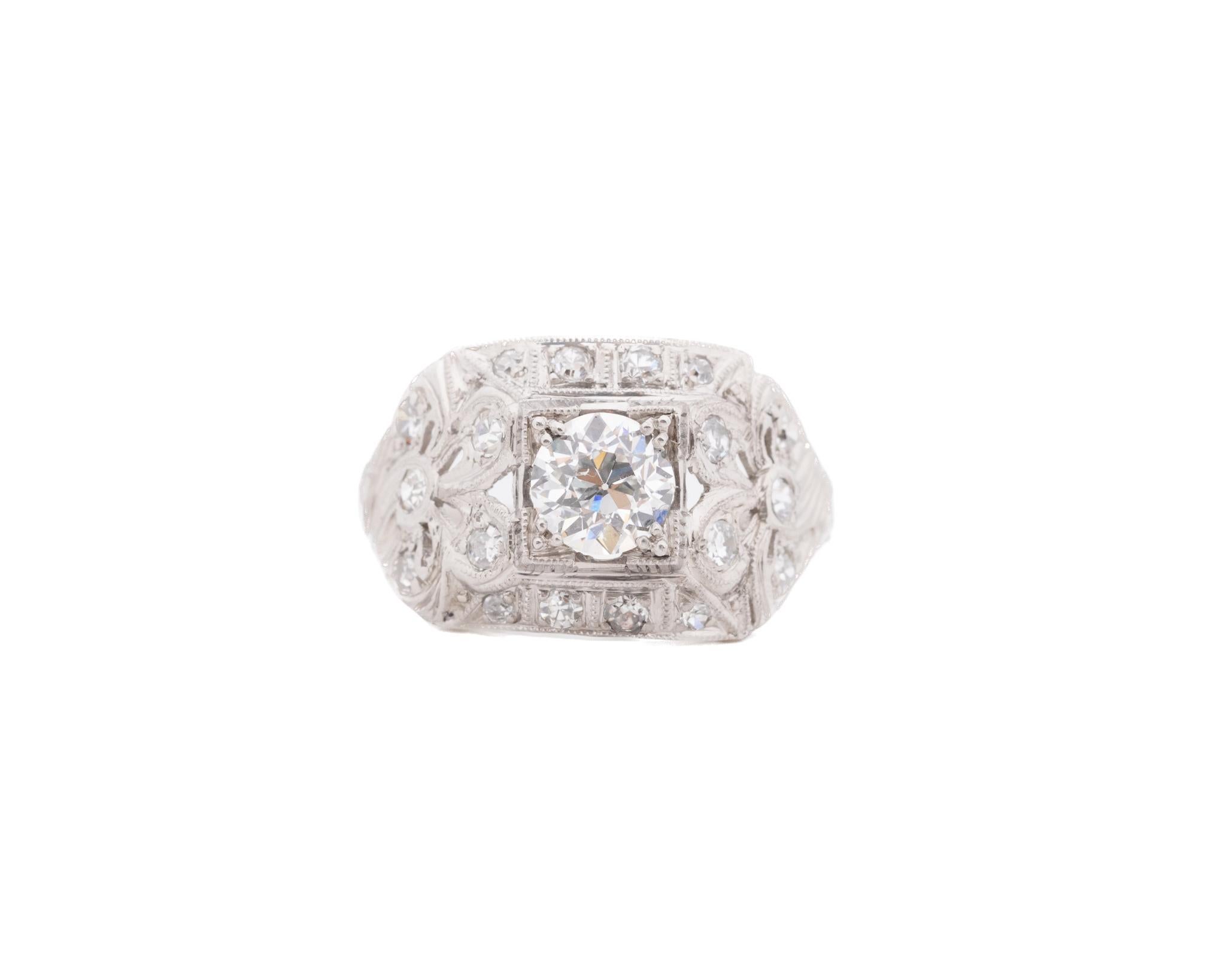 Year: 1930s
Item Details:
Ring Size: 6
Metal Type: Platinum [Hallmarked, and Tested]
Weight: 3.8 grams
Center Diamond Details:
GIA Report#:5234080655
Weight: .69ct total weight
Cut: Old European brilliant
Color: G
Clarity: VS1
Type: Natural
Finger