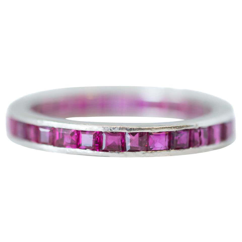 1944 Art Deco Ruby Diamond Platinum Eternity Band Engraved "June 12th