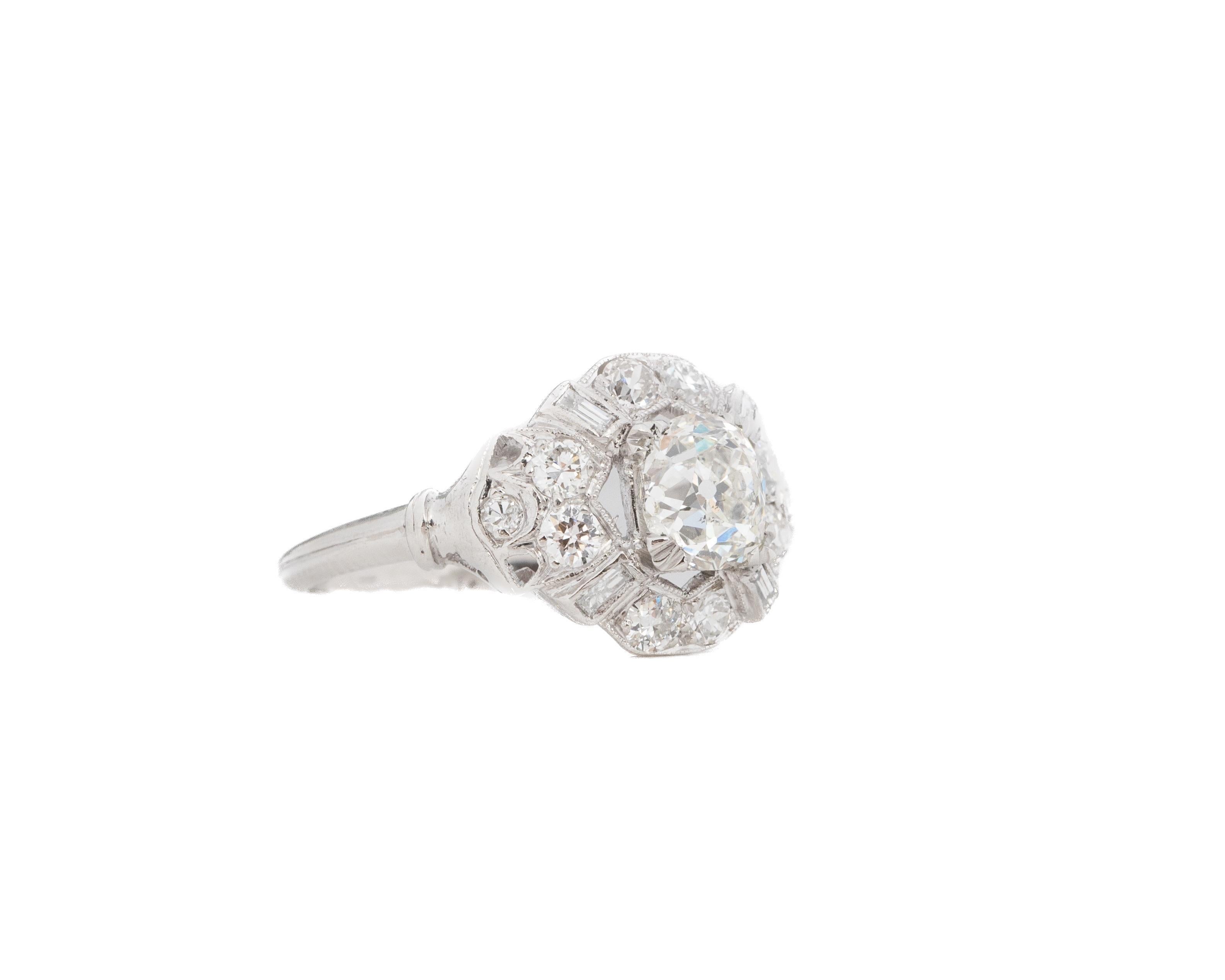 Old Mine Cut 1930s Platinum Art Deco 1.24ct Old Mine Antique Cushion Engagement Ring For Sale