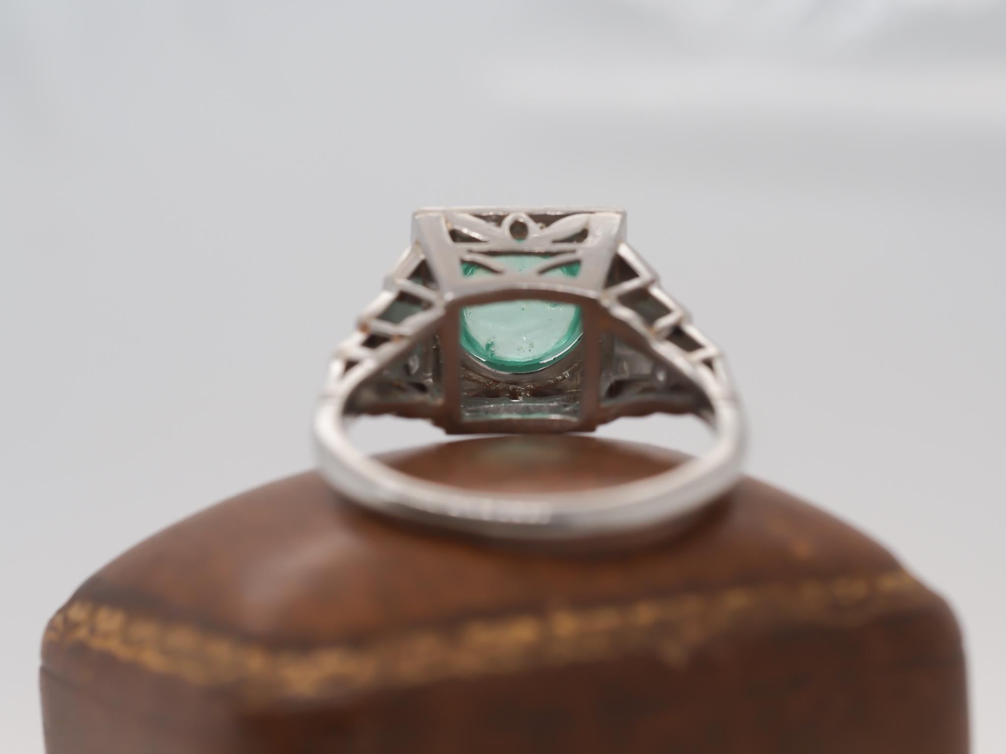 Women's 1930s Platinum Art Deco Cabochon Emerald Engagement Ring For Sale