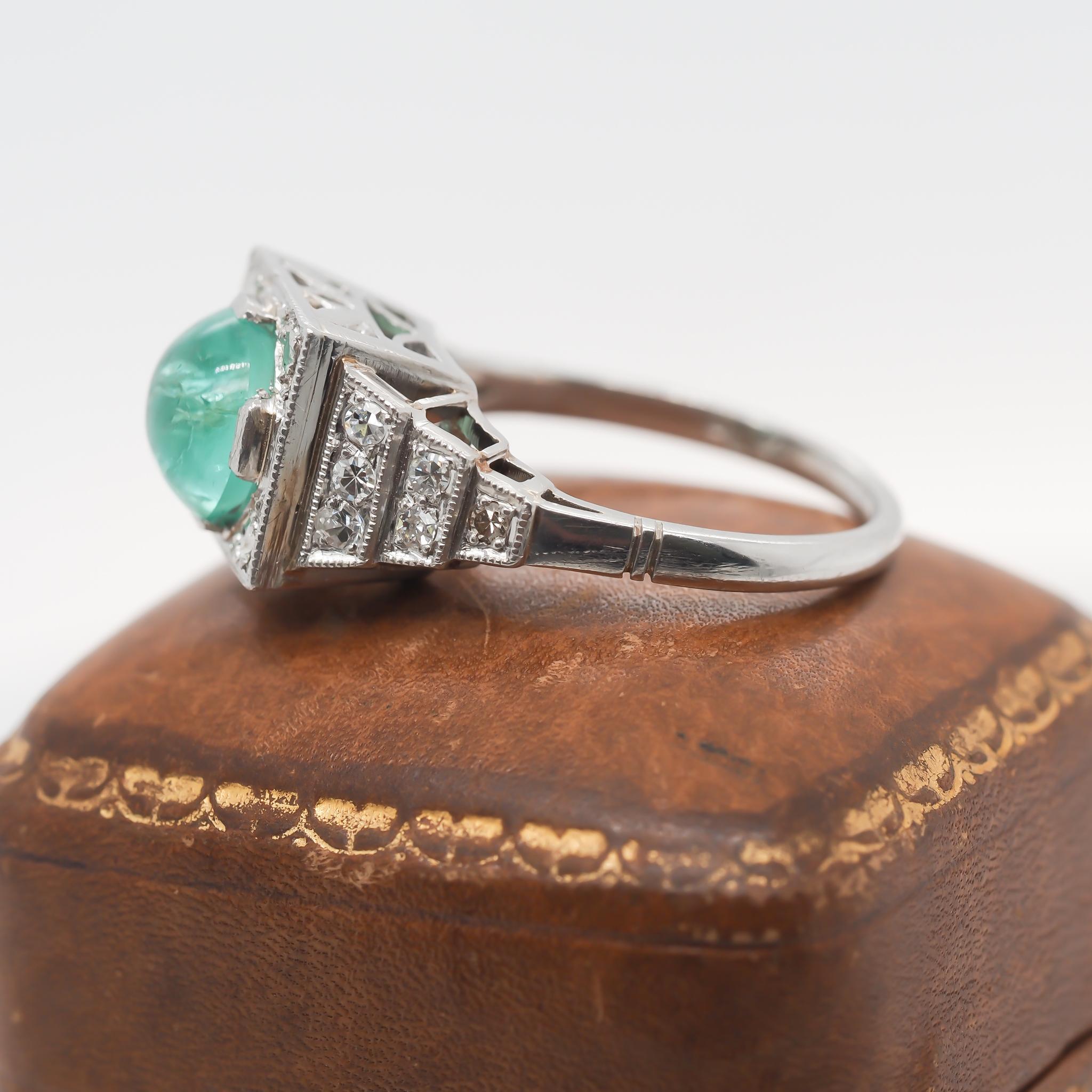 1930s Platinum Art Deco Cabochon Emerald Engagement Ring For Sale 2
