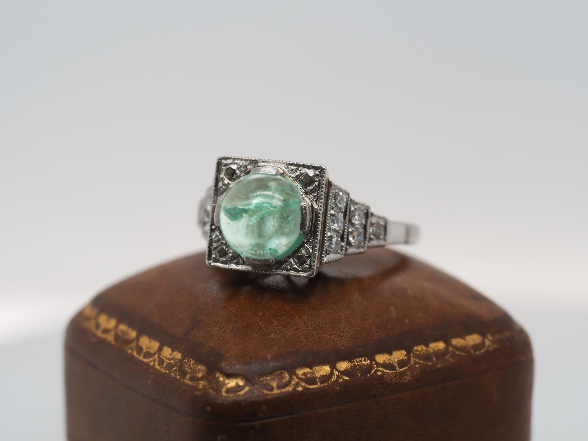 1930s Platinum Art Deco Cabochon Emerald Engagement Ring For Sale 4