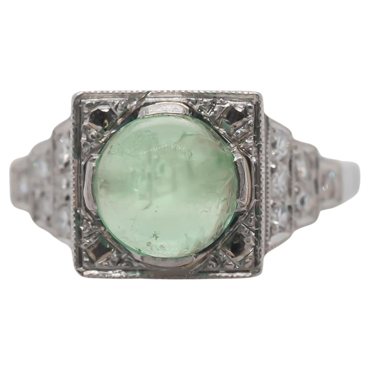 1930s Platinum Art Deco Cabochon Emerald Engagement Ring For Sale