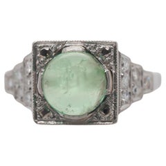 1930s Platinum Art Deco Cabochon Emerald Engagement Ring