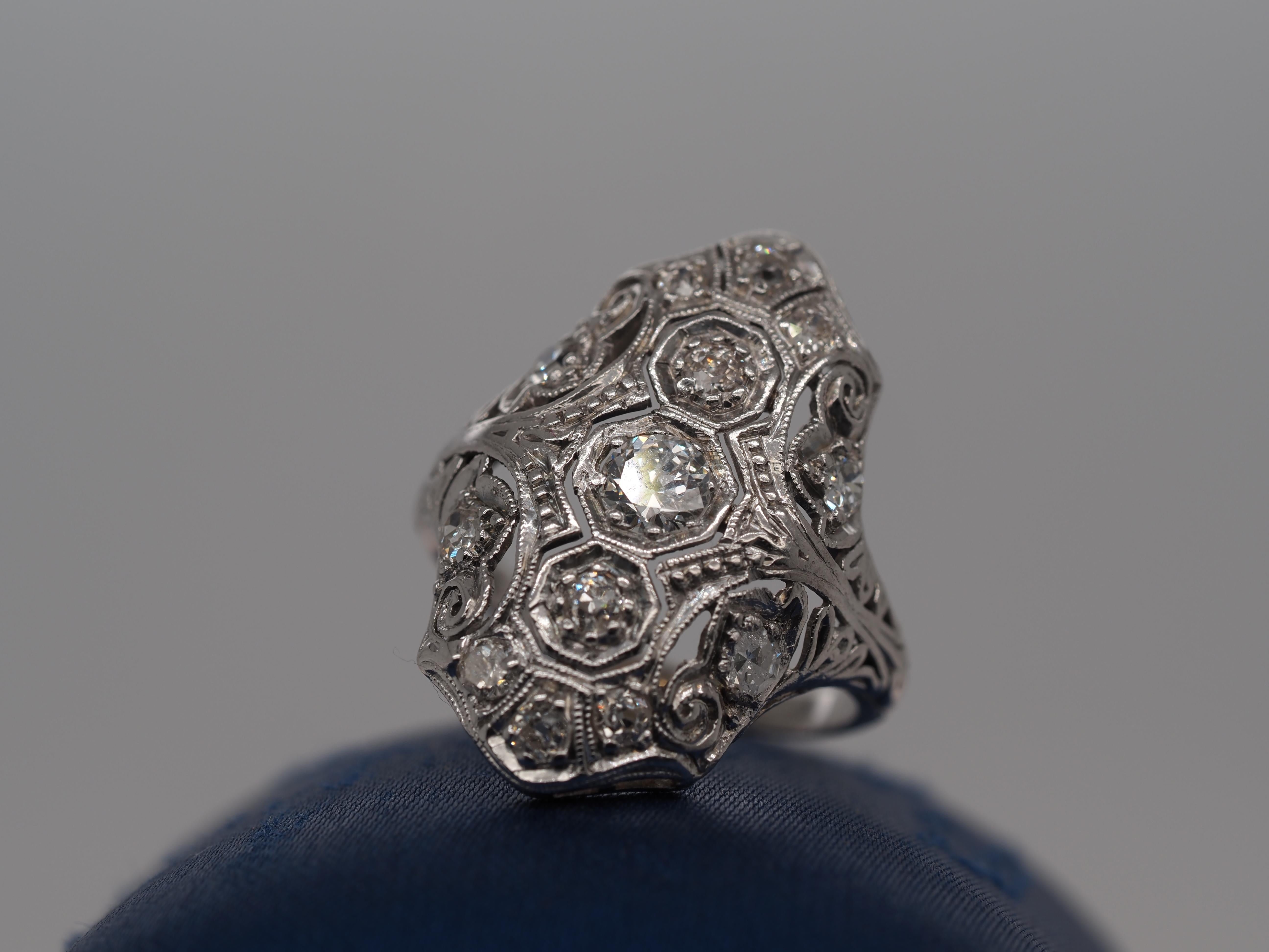 Old European Cut 1930s Platinum Art Deco Diamond Shield Ring For Sale