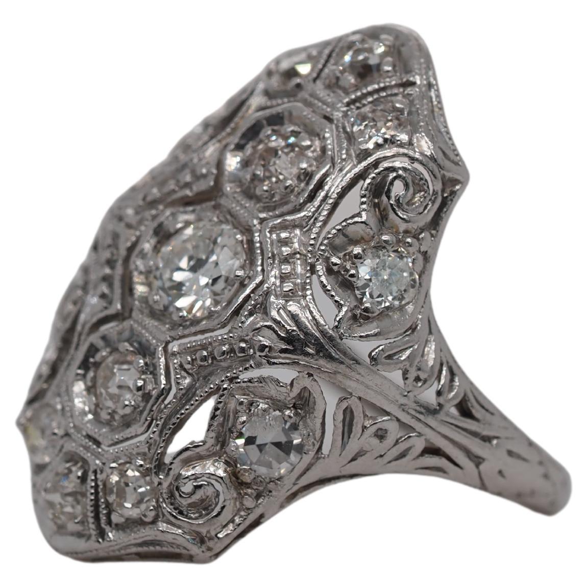 1930s Platinum Art Deco Diamond Shield Ring For Sale