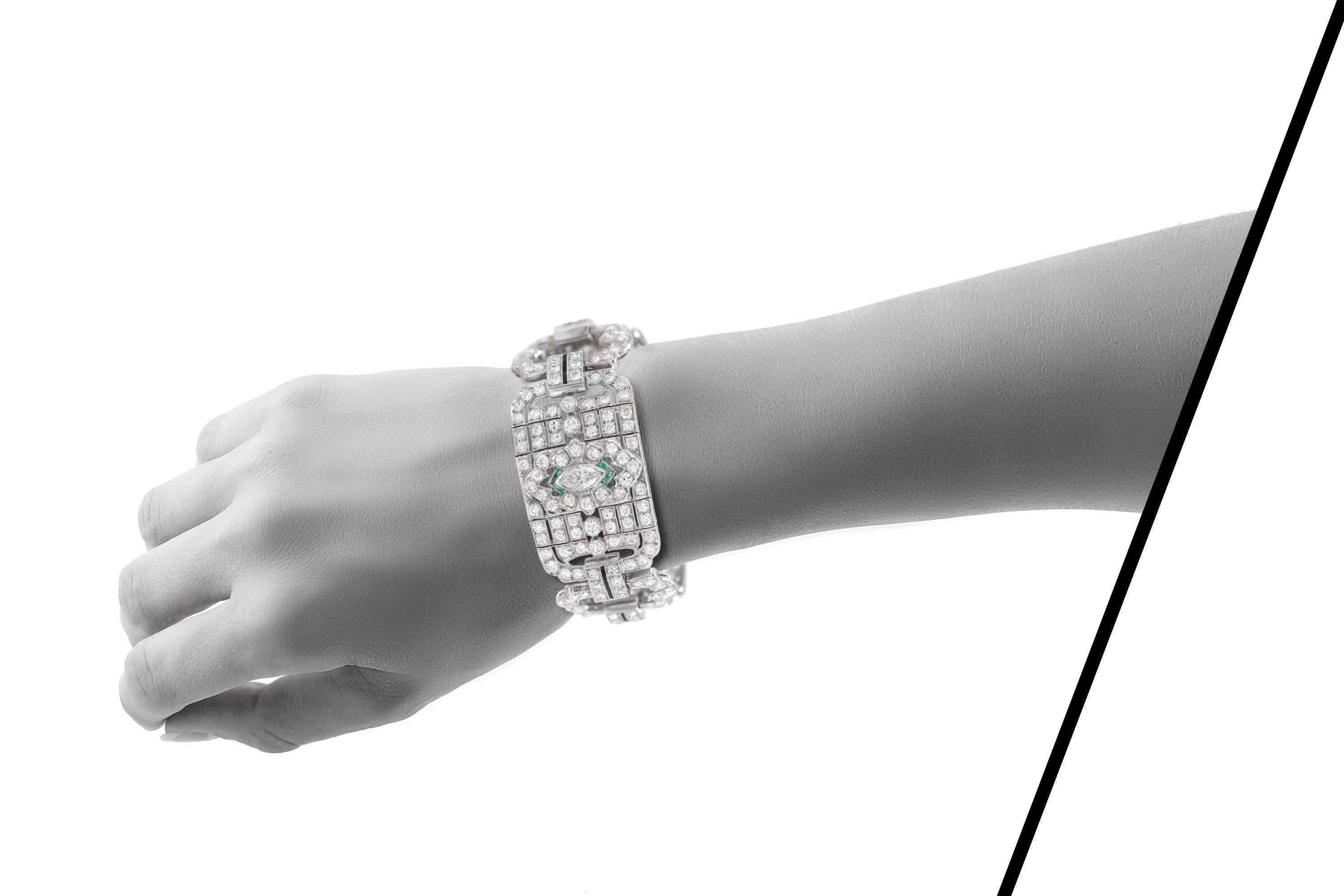 Women's or Men's 1930s Platinum Emerald Diamond and Onyx Bracelet For Sale