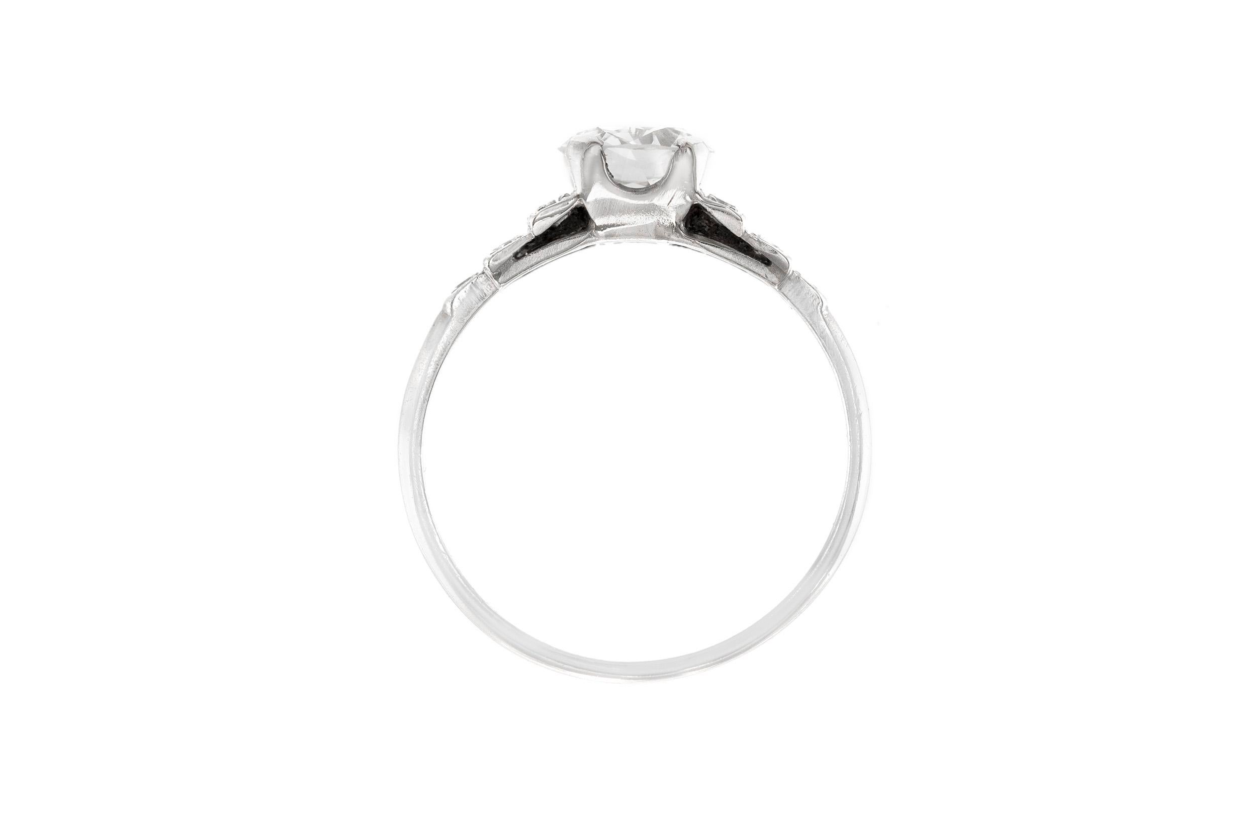 The beautiful ring is finely crafted in platinum with center diamond weighing approximately total of 1.09 carat and GIA cert .
Color H     Clarity VS2
All around diamond weighing approximately total of 0.3 carat.
Circa 1930
Easy to resize