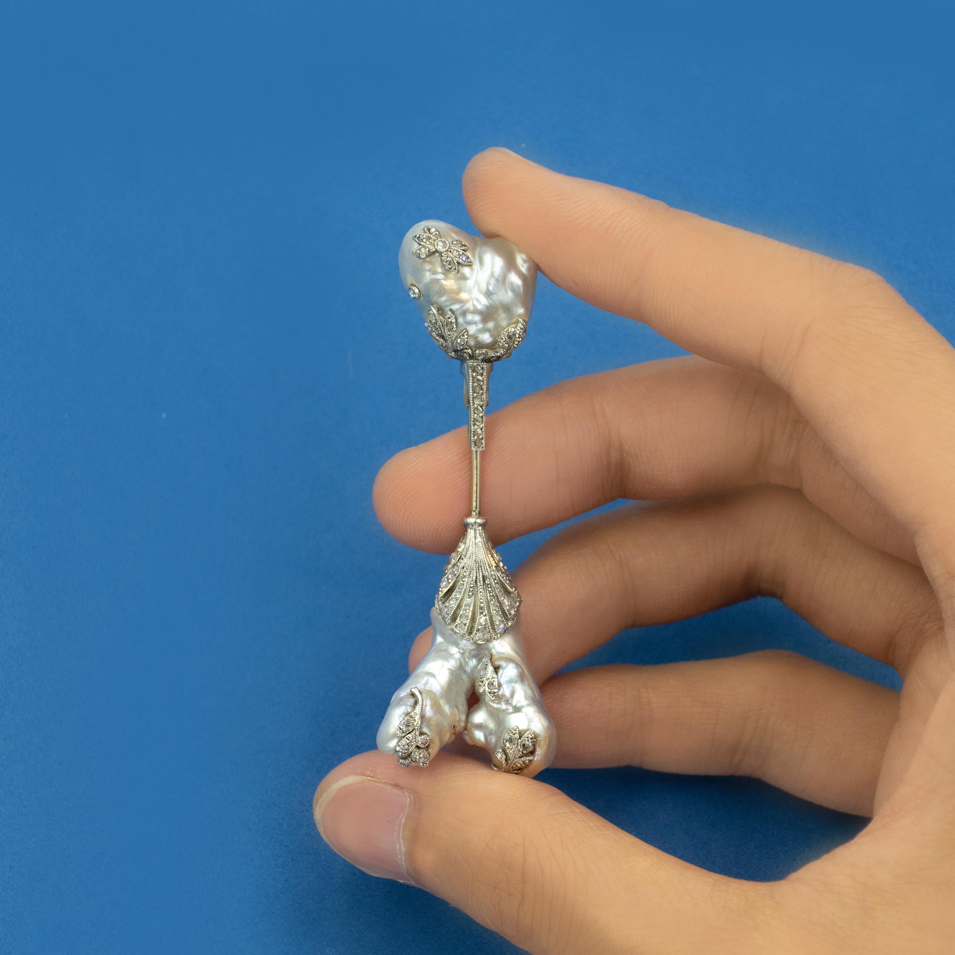 1930 Platino Perla Natural Diamante Broche Jabot Corte rosa en venta