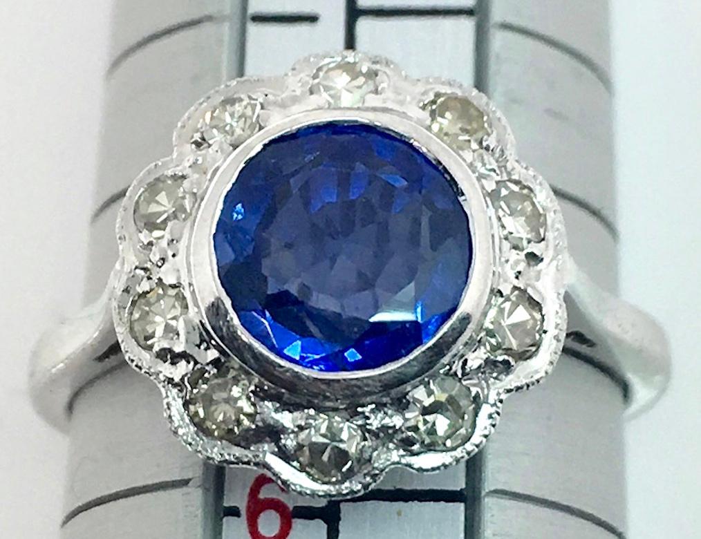 1930s Platinum Round Burma Natural Sapphire and Diamond Cluster Ring For Sale 4