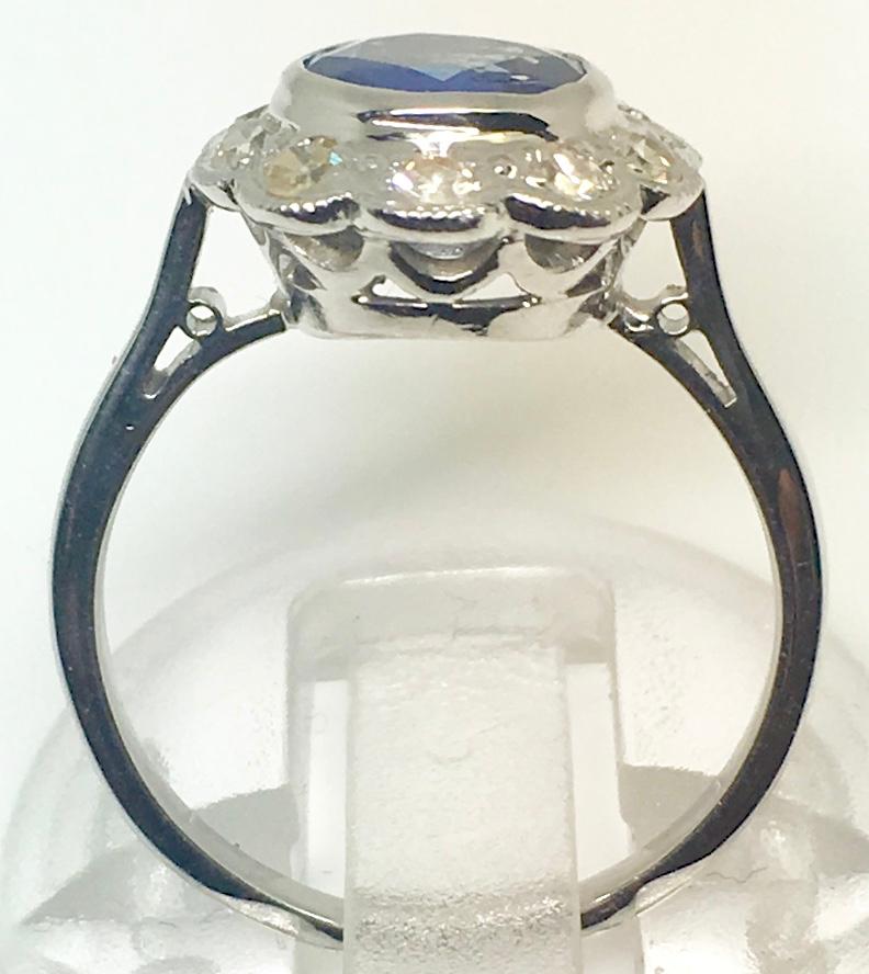 Art Deco 1930s Platinum Round Burma Natural Sapphire and Diamond Cluster Ring For Sale