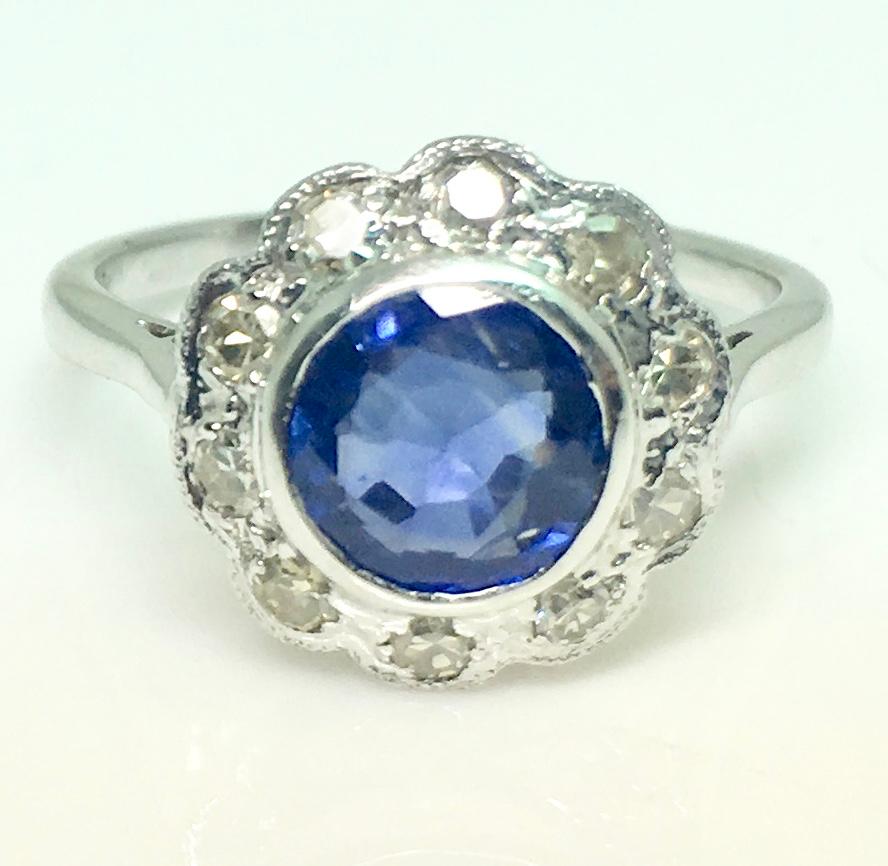 Round Cut 1930s Platinum Round Burma Natural Sapphire and Diamond Cluster Ring For Sale