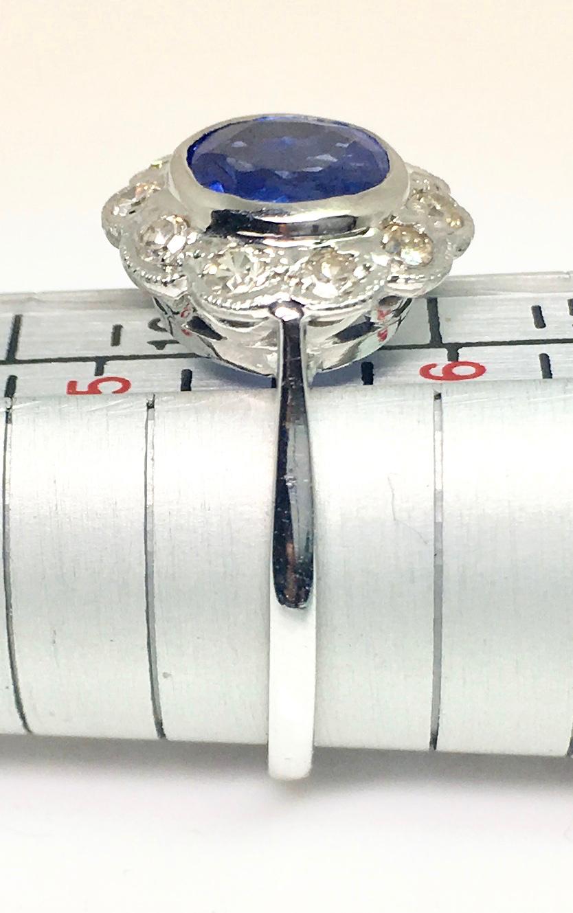 1930s Platinum Round Burma Natural Sapphire and Diamond Cluster Ring For Sale 1