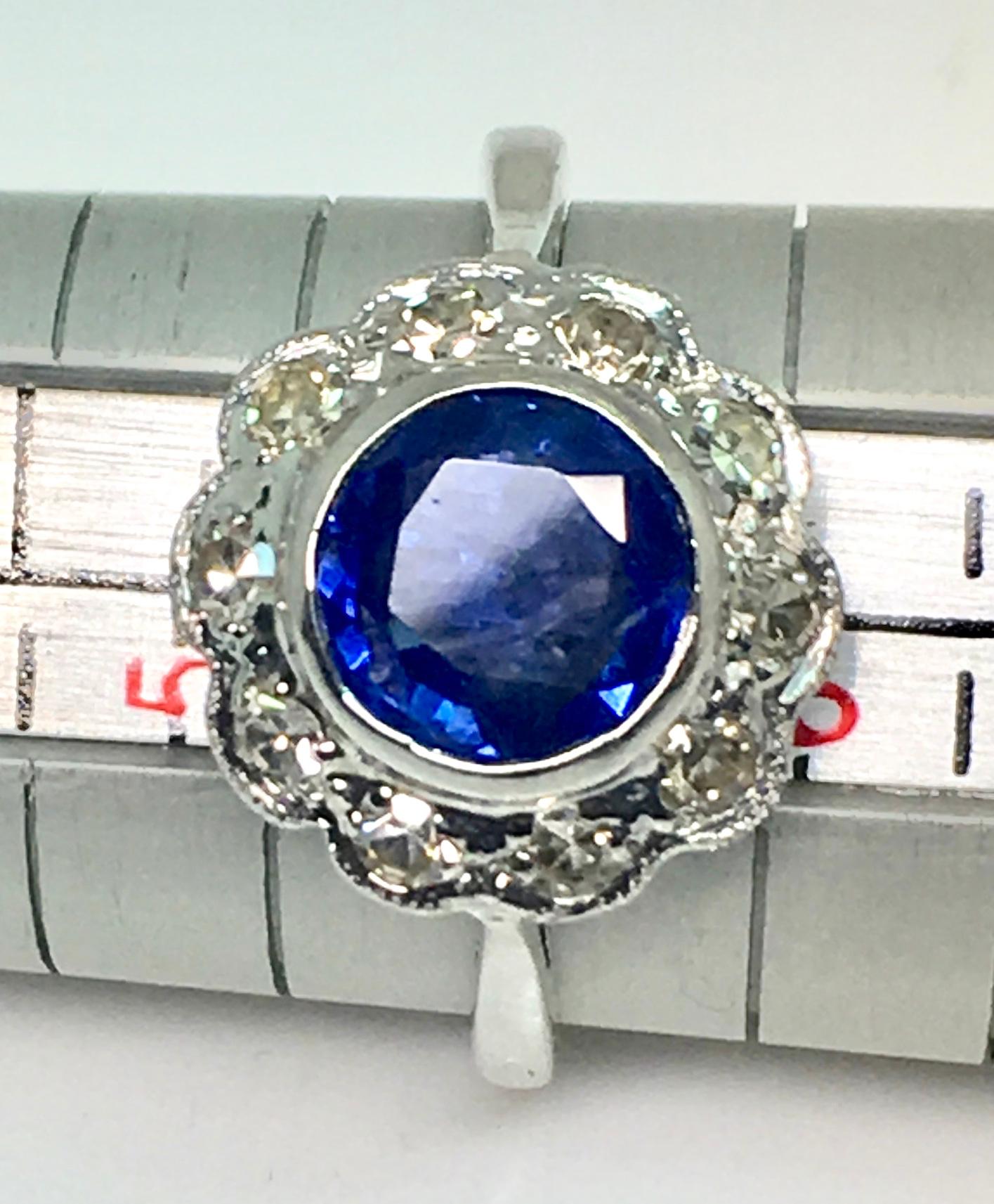 1930s Platinum Round Burma Natural Sapphire and Diamond Cluster Ring For Sale 2