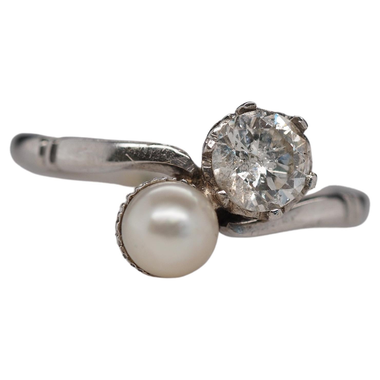 1930s Platinum “Toi Et Moi” Pearl & Diamond Engagement For Sale