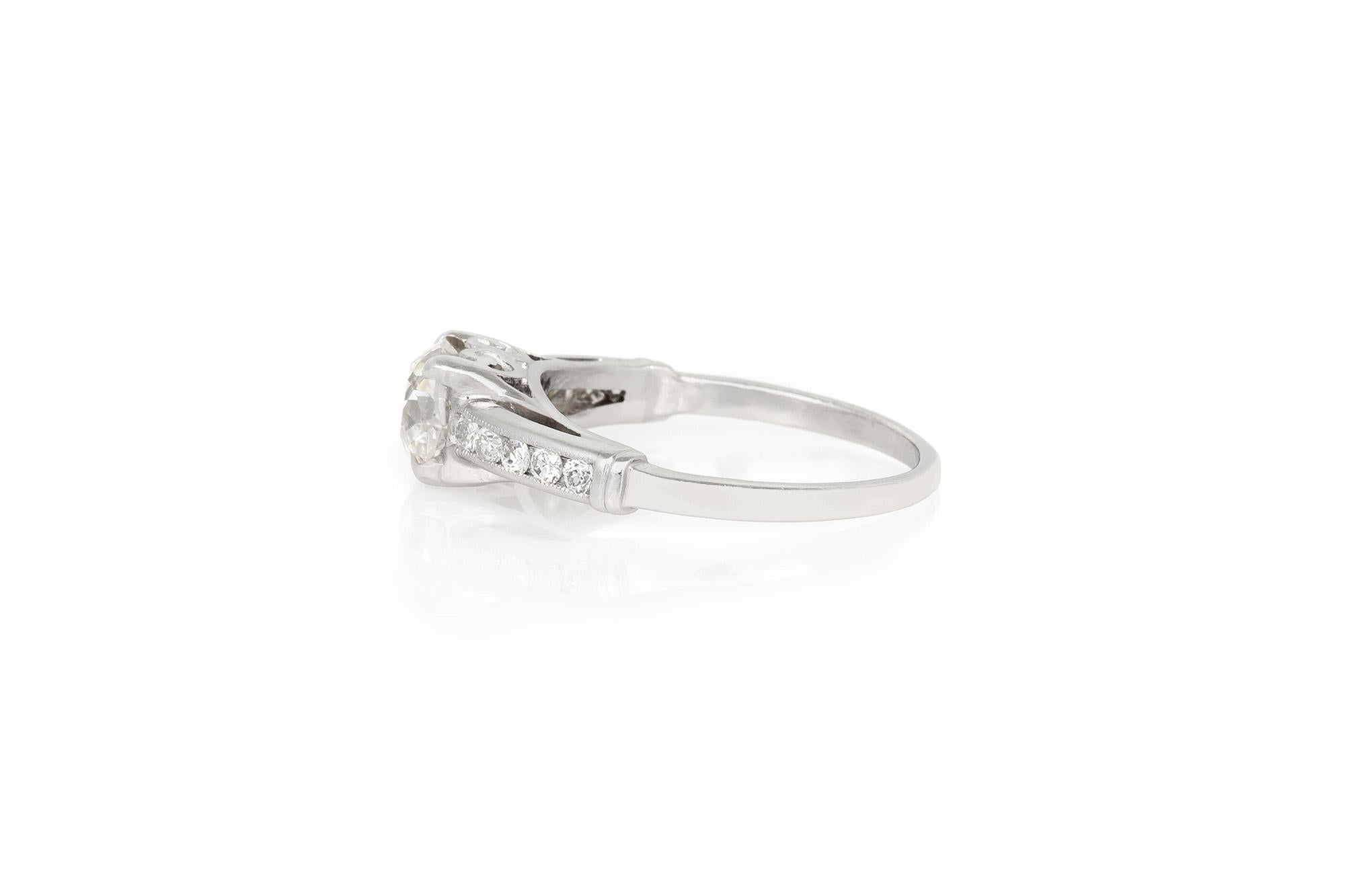 Art Deco 1930s Platinum with 1.47 Carat Old Cushion Center Diamond Engagement Ring For Sale