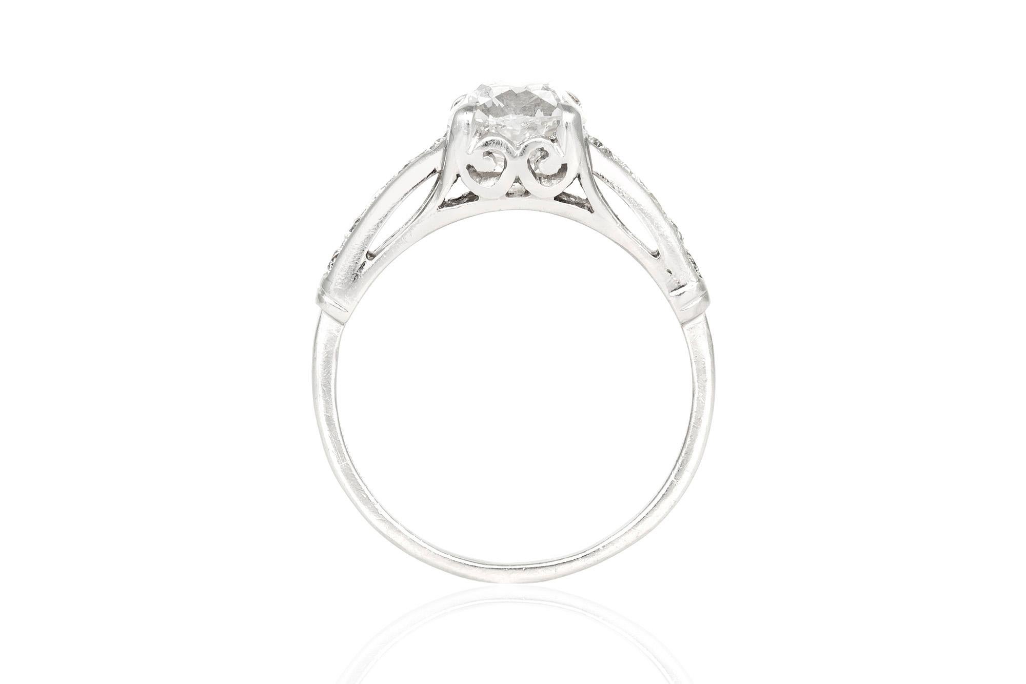 Cushion Cut 1930s Platinum with 1.47 Carat Old Cushion Center Diamond Engagement Ring For Sale