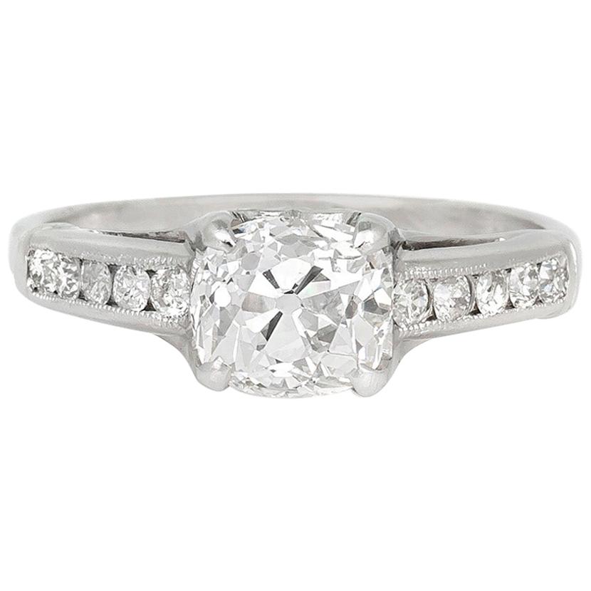 1930s Platinum with 1.47 Carat Old Cushion Center Diamond Engagement Ring For Sale