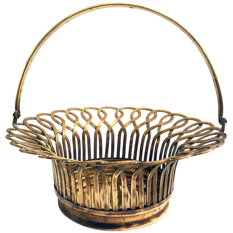 1930s Polished Solid Brass Decorative Basket For Sale
