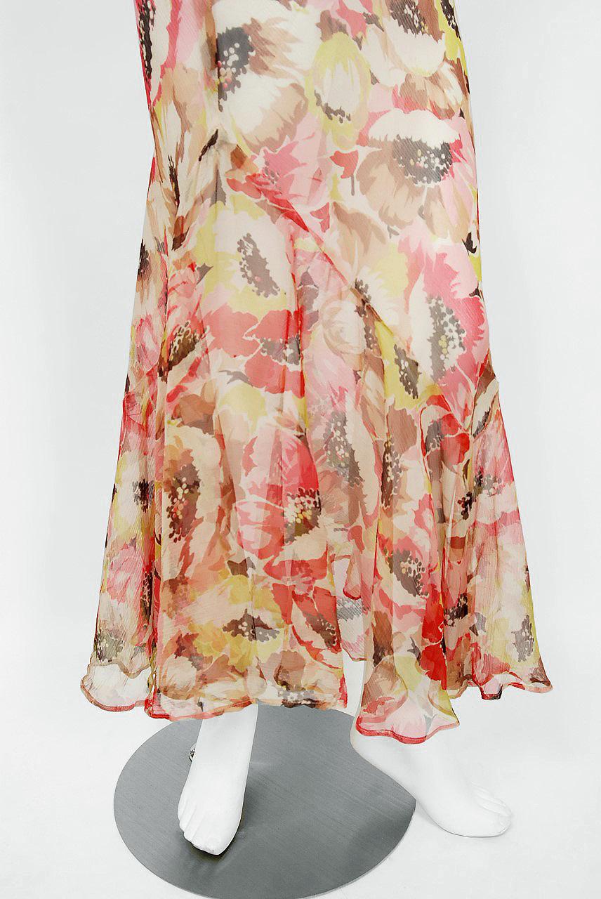 Beige Vintage 1930's Poppies Floral Garden Sheer Chiffon Puff Sleeve Bias-Cut Gown