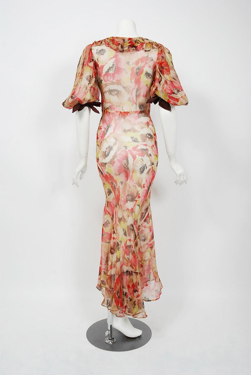 Vintage 1930's Poppies Floral Garden Sheer Chiffon Puff Sleeve Bias-Cut Gown  In Good Condition In Beverly Hills, CA