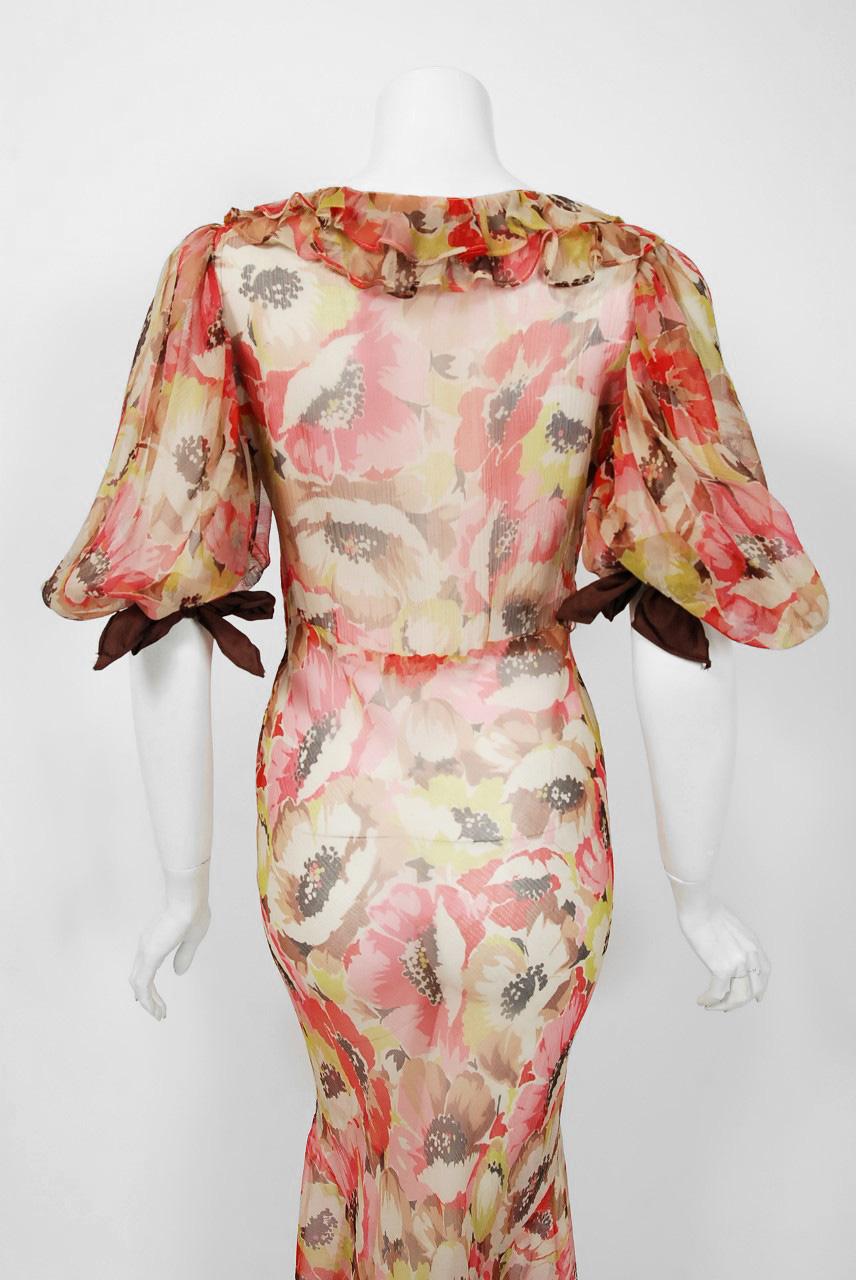 Women's Vintage 1930's Poppies Floral Garden Sheer Chiffon Puff Sleeve Bias-Cut Gown 