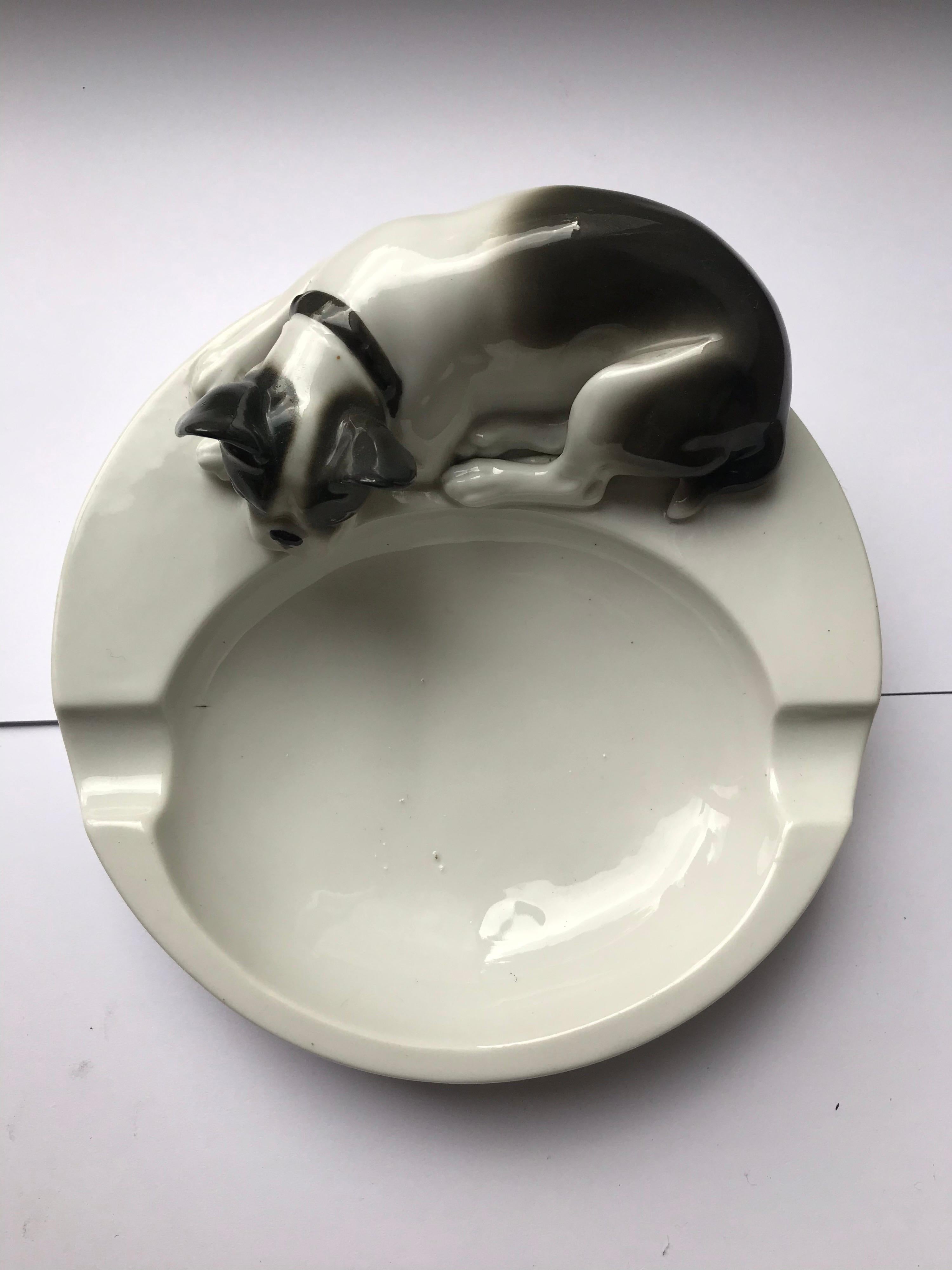 20th Century 1930s Porcelain Ashtray with French Bulldog by Pfeffer Gotha , Germany  For Sale