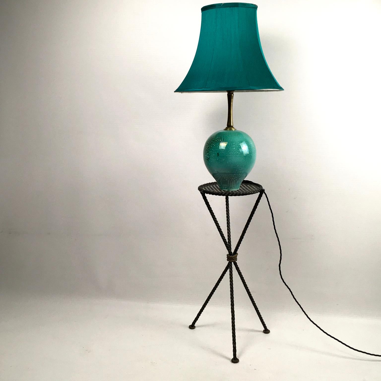 French 1930s Primavera Green Glazed and Cracked Ceramic Table Lamp For Sale