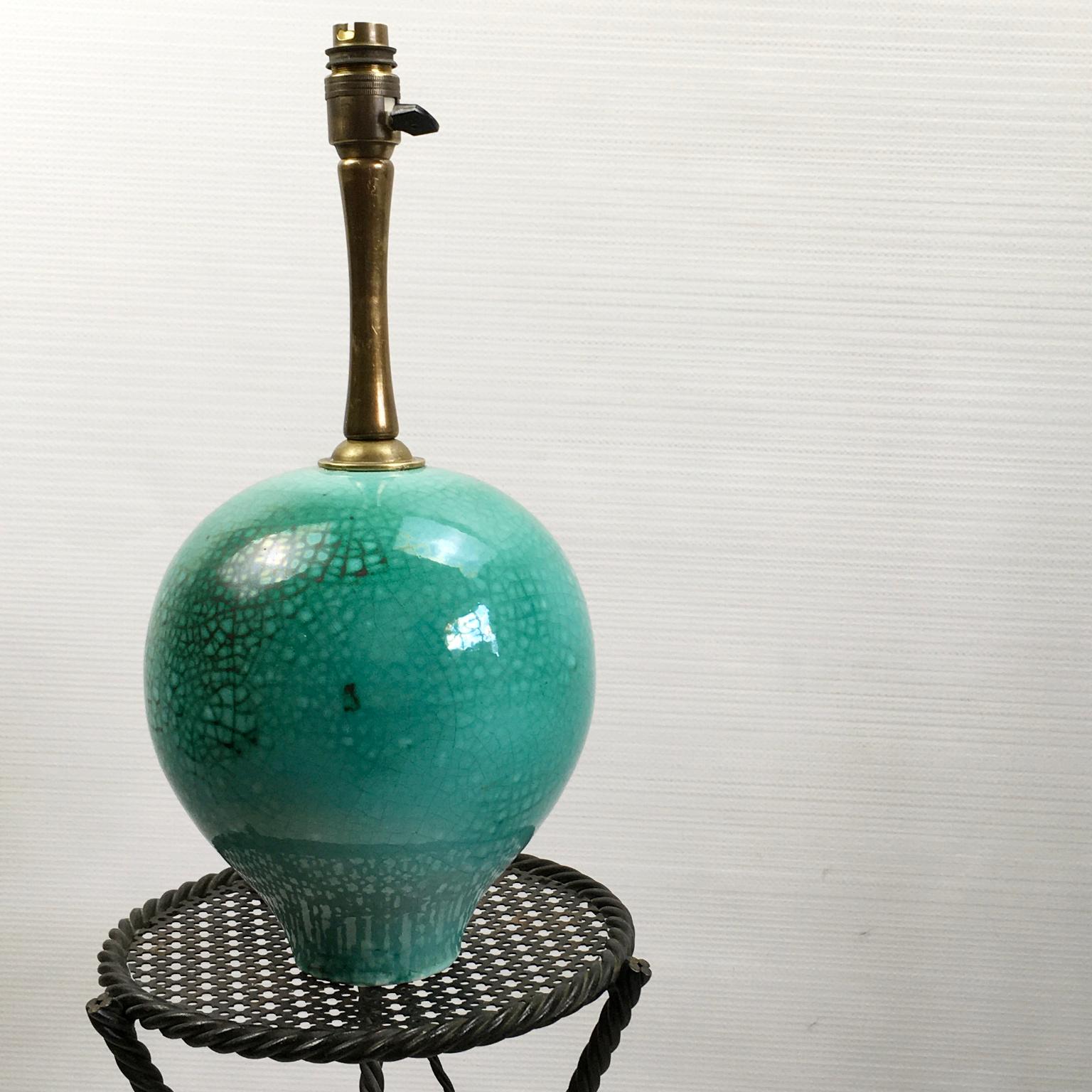 1930s Primavera Green Glazed and Cracked Ceramic Table Lamp In Good Condition For Sale In London, GB