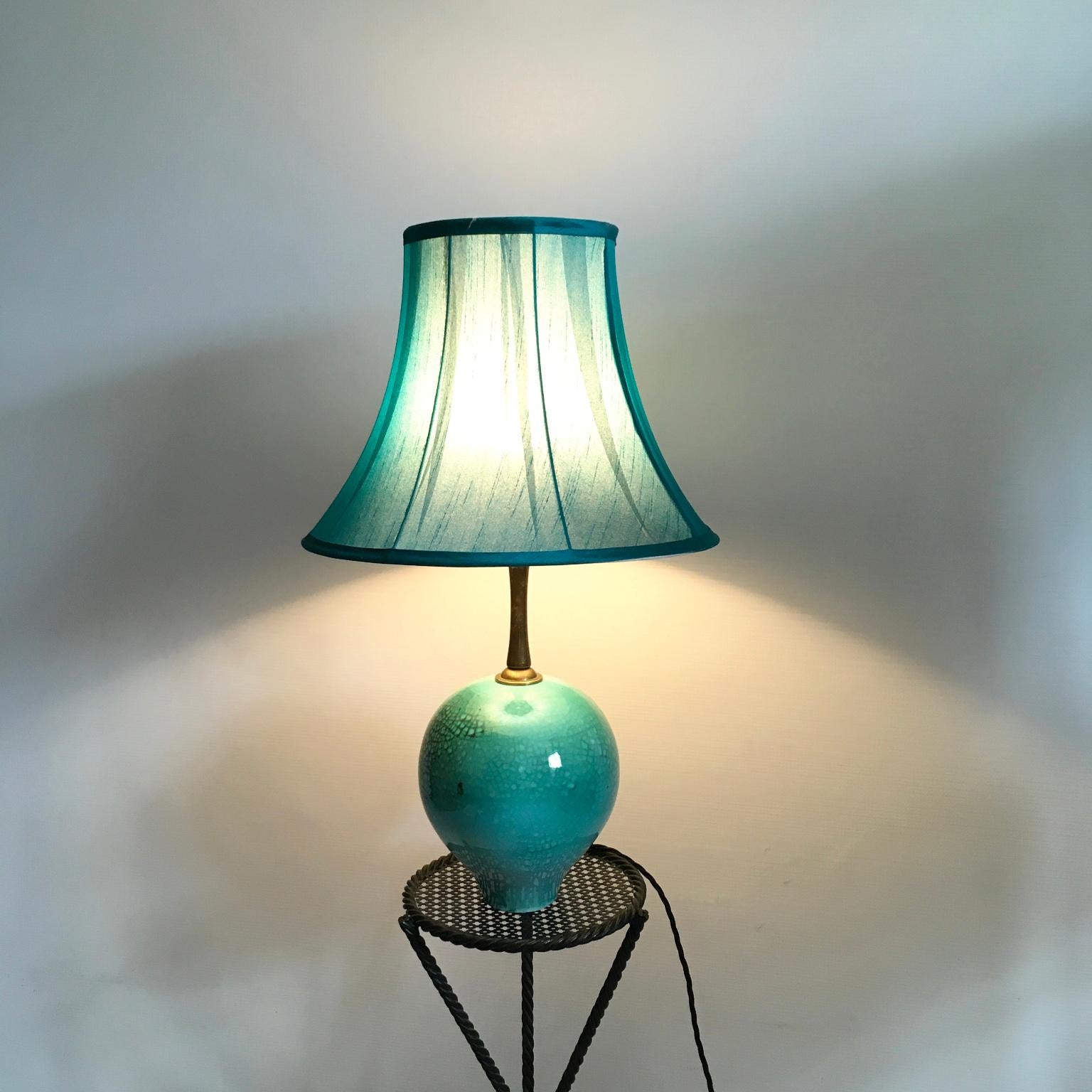 1930s Primavera Green Glazed and Cracked Ceramic Table Lamp For Sale 1