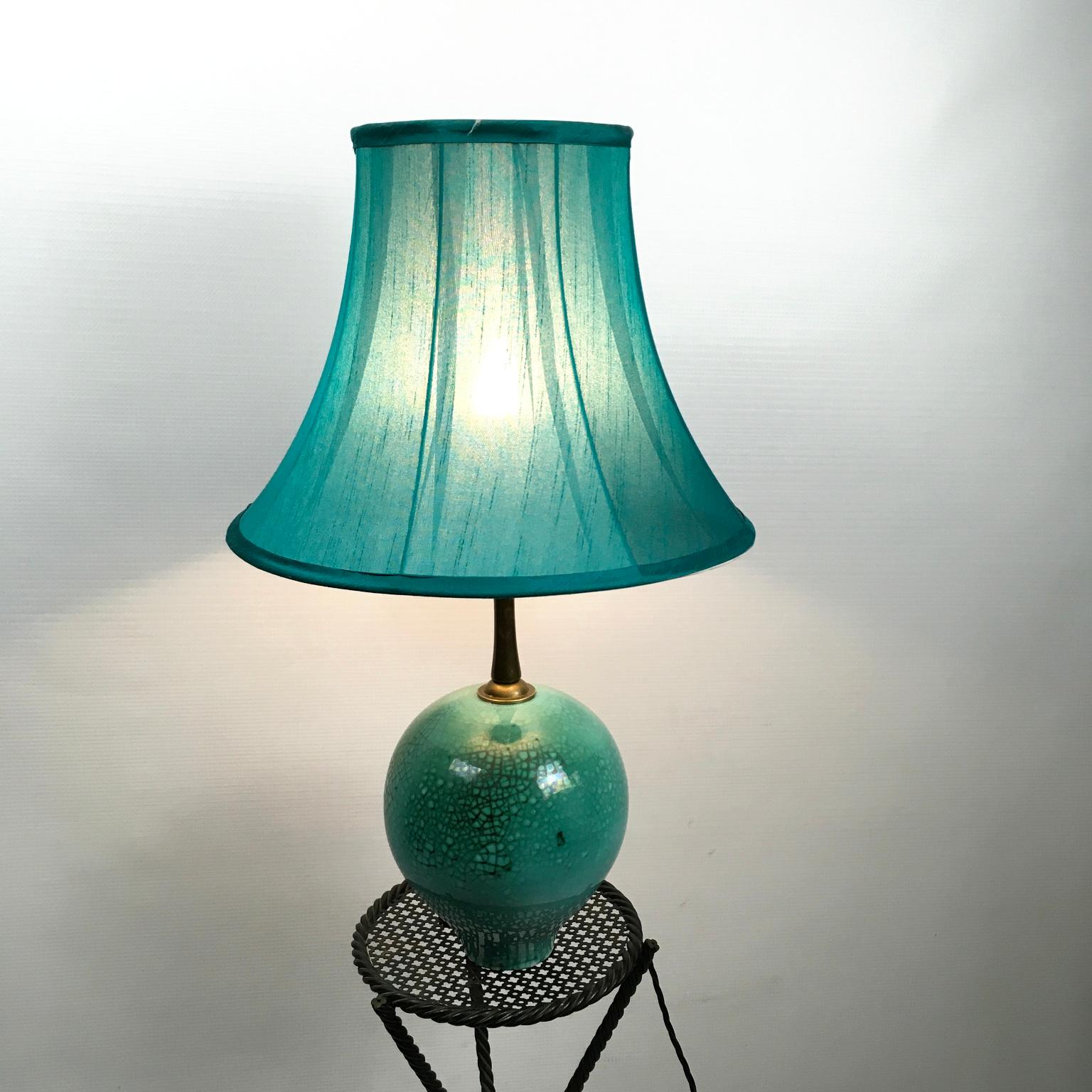 1930s Primavera Green Glazed and Cracked Ceramic Table Lamp For Sale 2