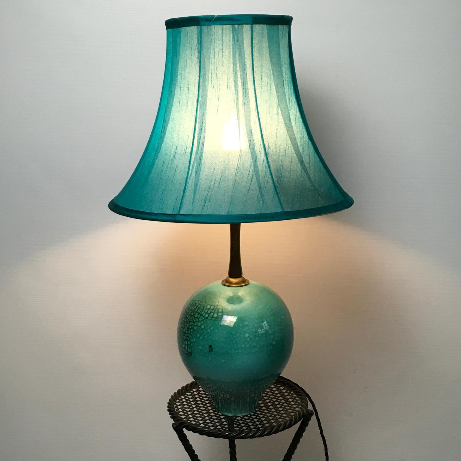 1930s Primavera Green Glazed and Cracked Ceramic Table Lamp For Sale 3