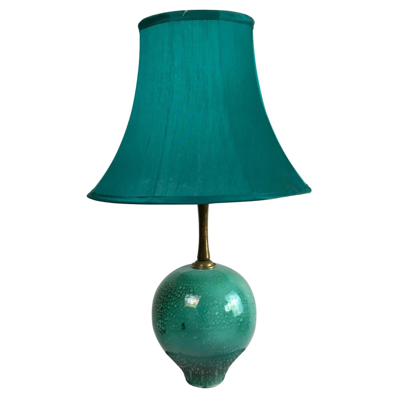 1930s Primavera Green Glazed and Cracked Ceramic Table Lamp For Sale