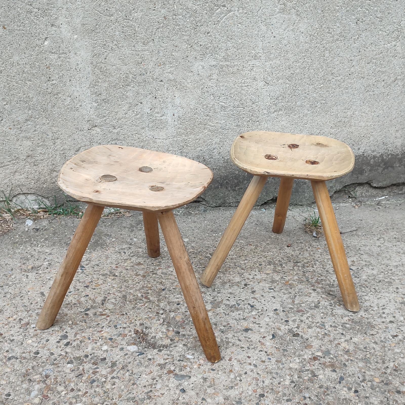 Hand-Carved French Brutalist Tripod Stools