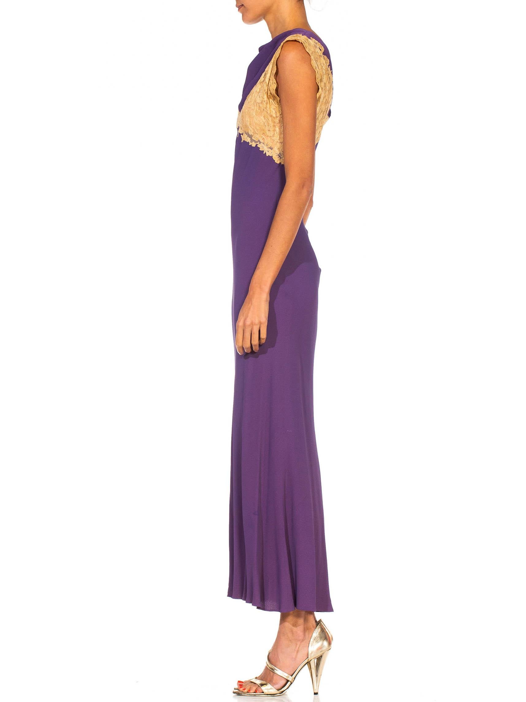 1930S Purple Bias Cut Silk Blend Crepe & Lace Minimalist Gown In Excellent Condition In New York, NY