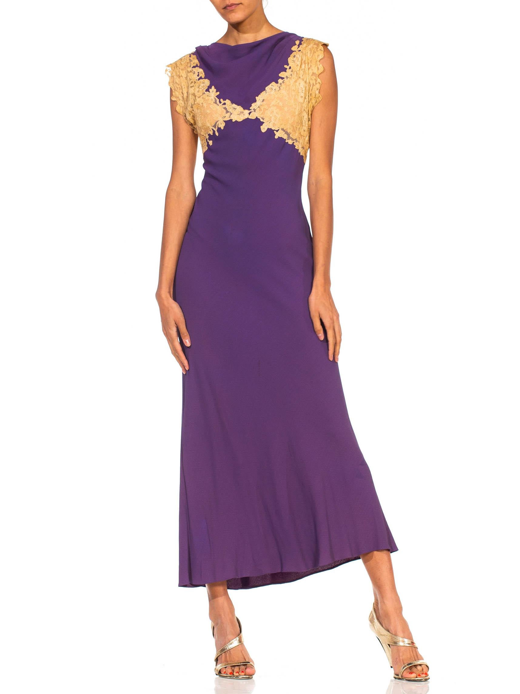 Women's 1930S Purple Bias Cut Silk Blend Crepe & Lace Minimalist Gown