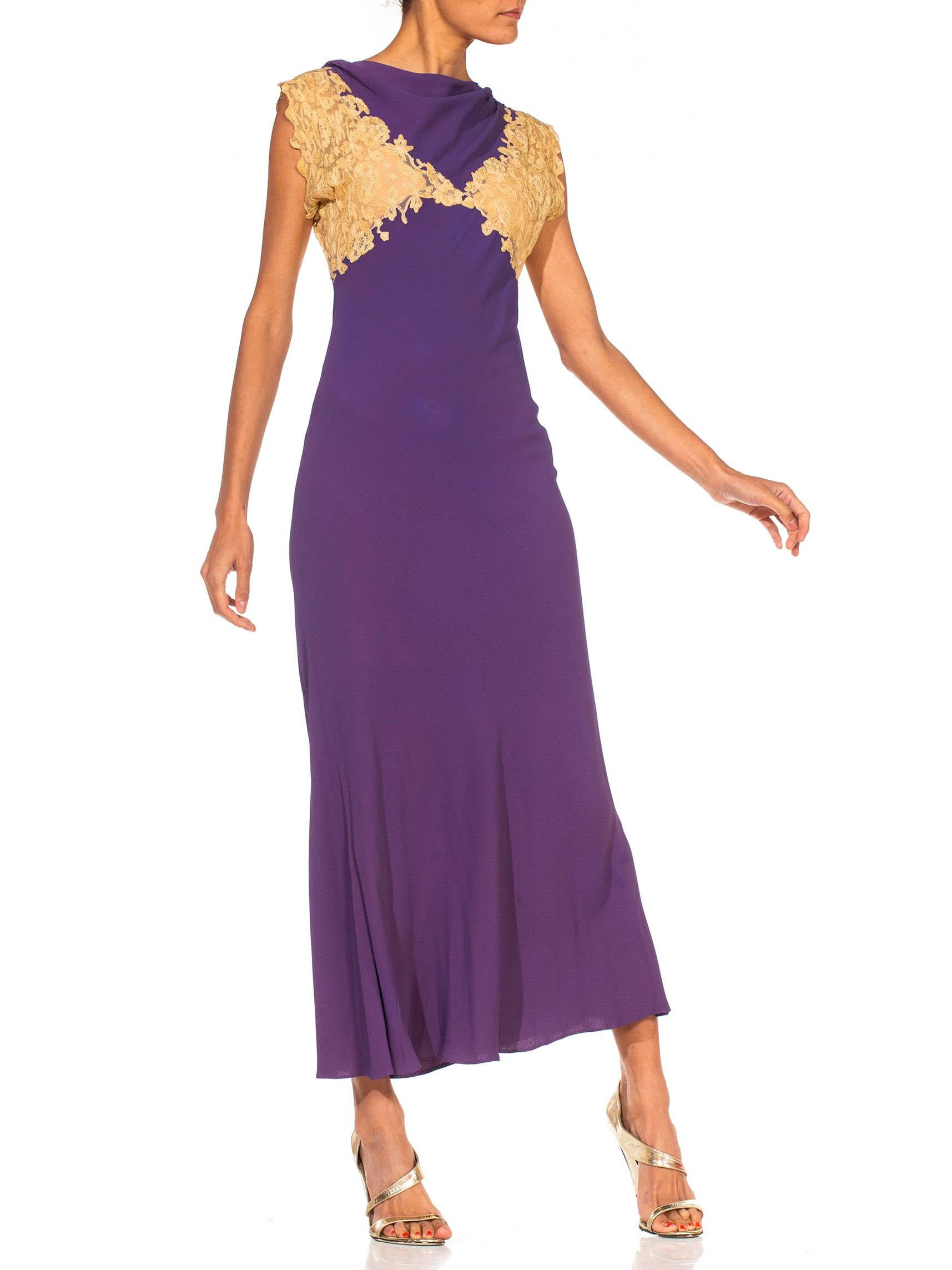 1930S Purple Bias Cut Silk Blend Crepe & Lace Minimalist Gown 1