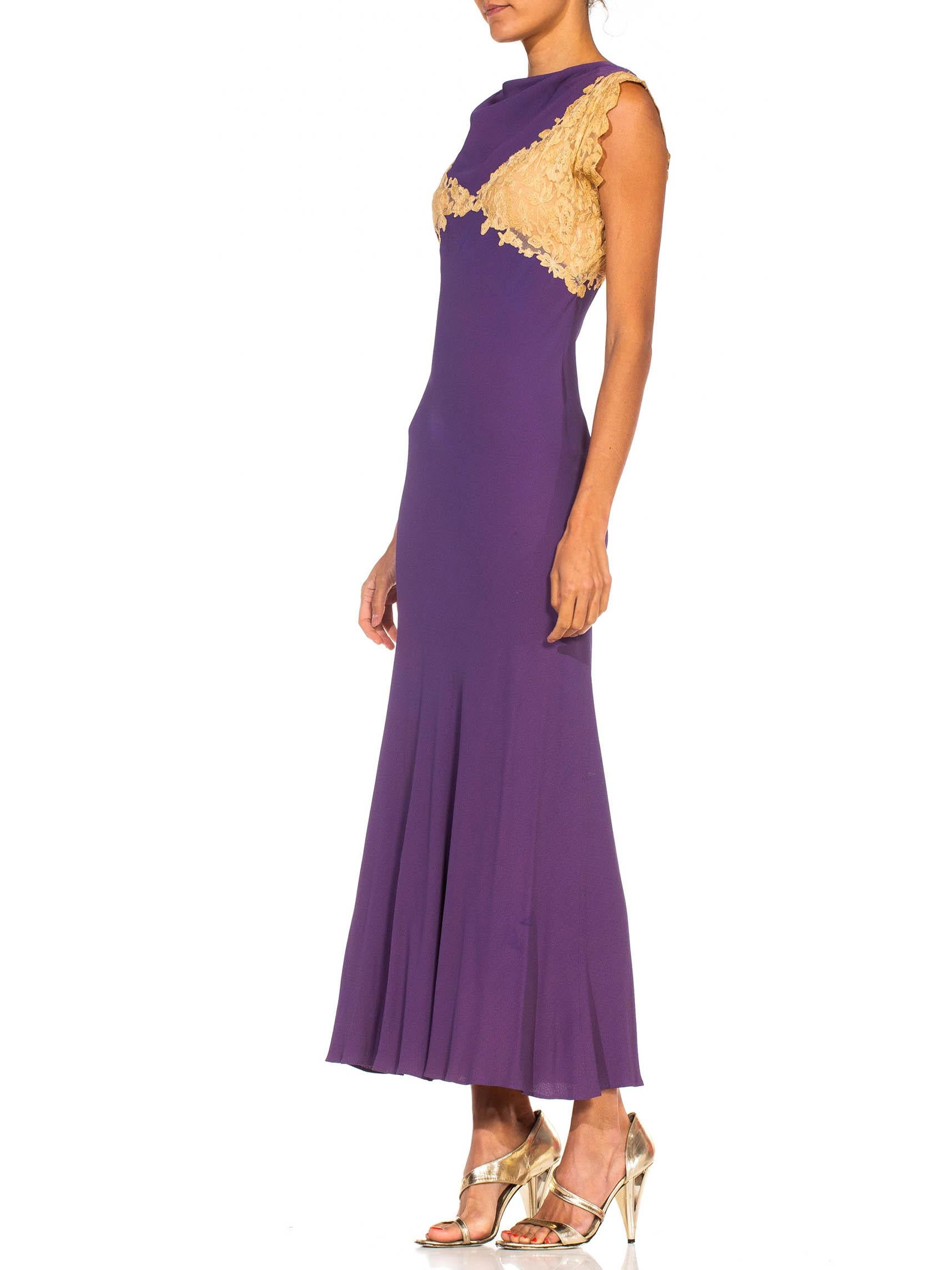 1930S Purple Bias Cut Silk Blend Crepe & Lace Minimalist Gown 2