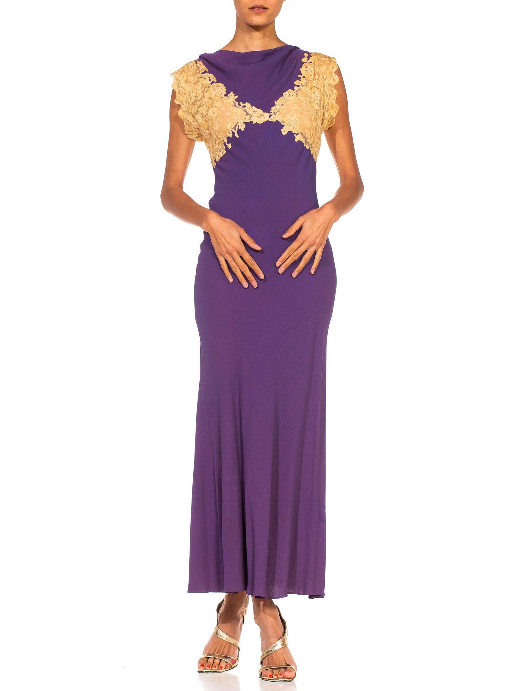 1930S Purple Bias Cut Silk Blend Crepe & Lace Minimalist Gown 3