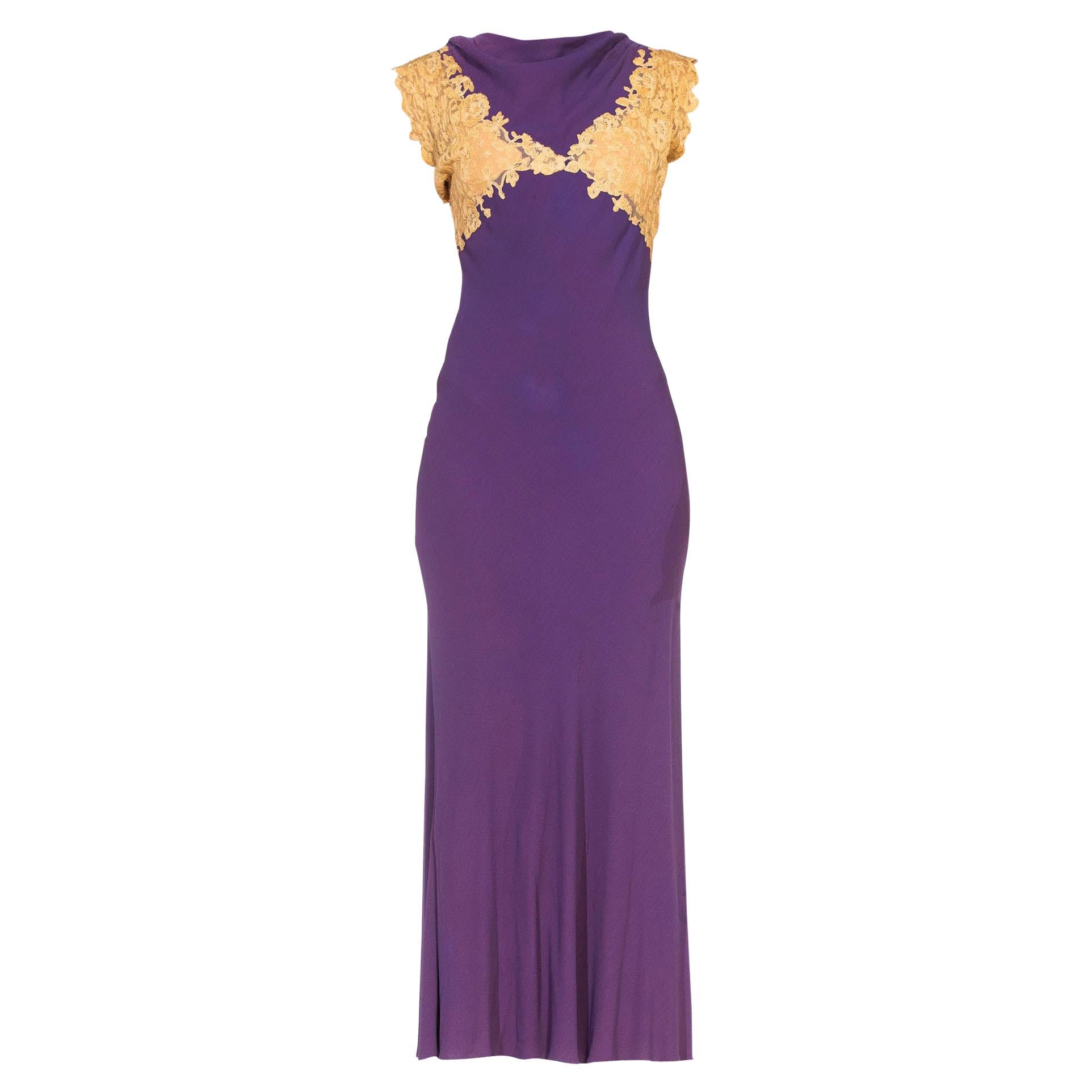 1930S Purple Bias Cut Silk Blend Crepe & Lace Minimalist Gown